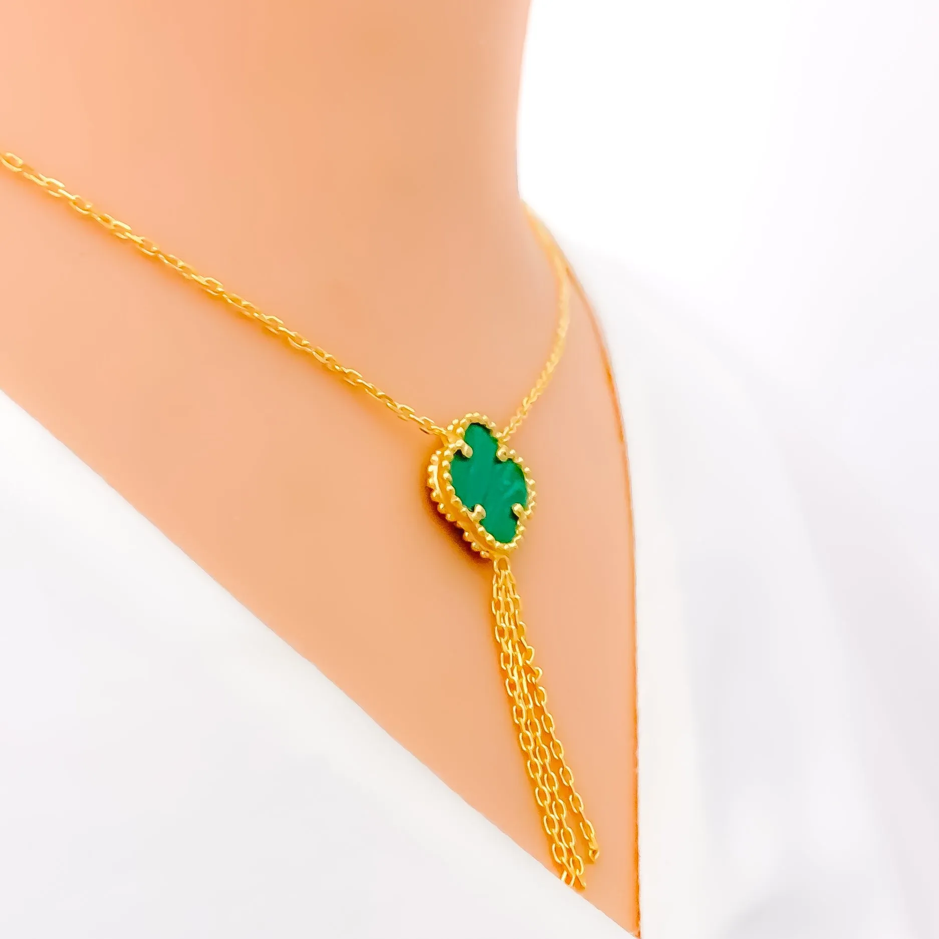 21k Gold Malachite Clover Necklace Set w/ Gold Tassels