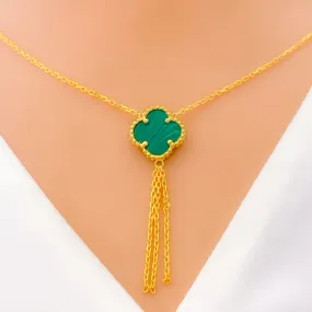 21k Gold Malachite Clover Necklace Set w/ Gold Tassels