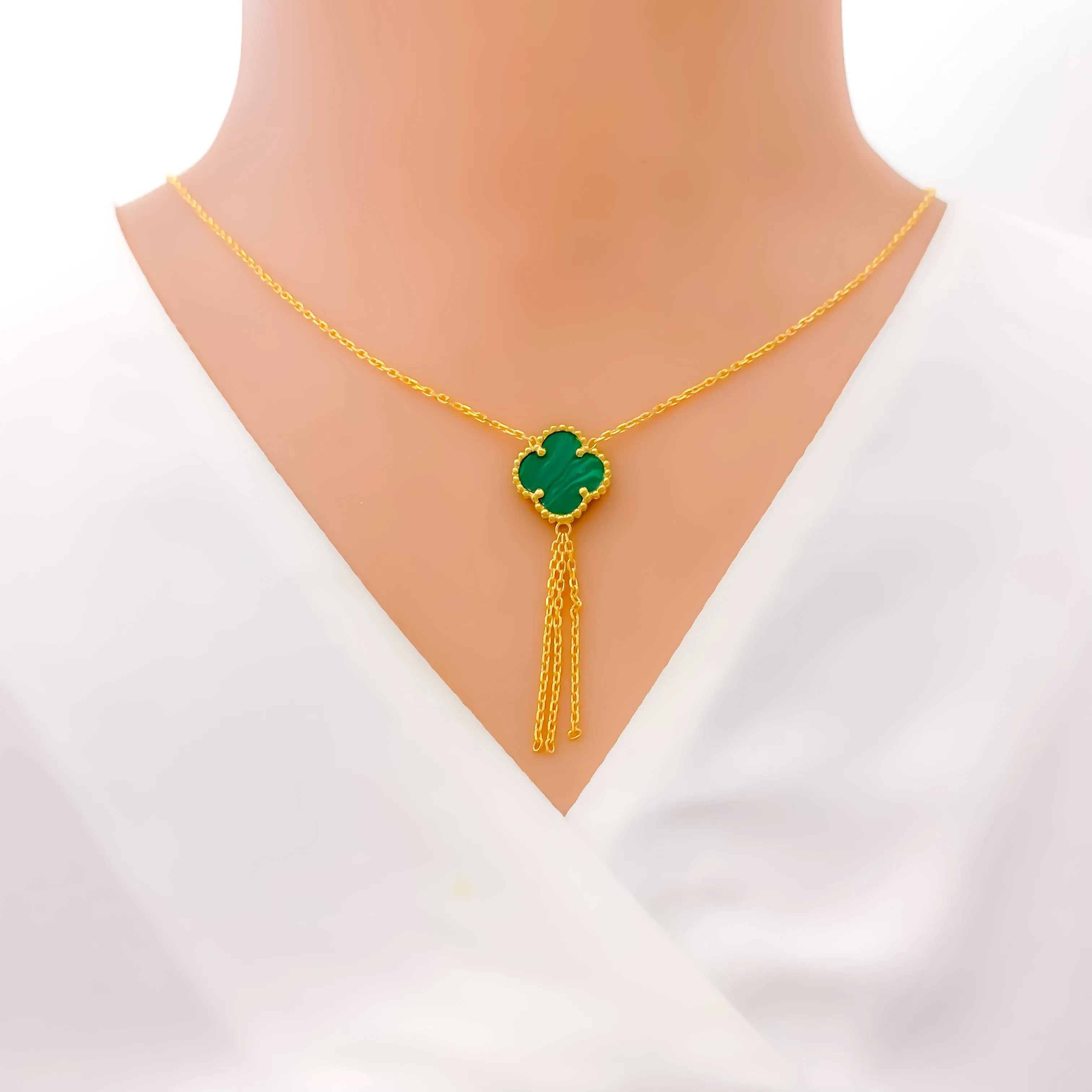 21k Gold Malachite Clover Necklace Set w/ Gold Tassels