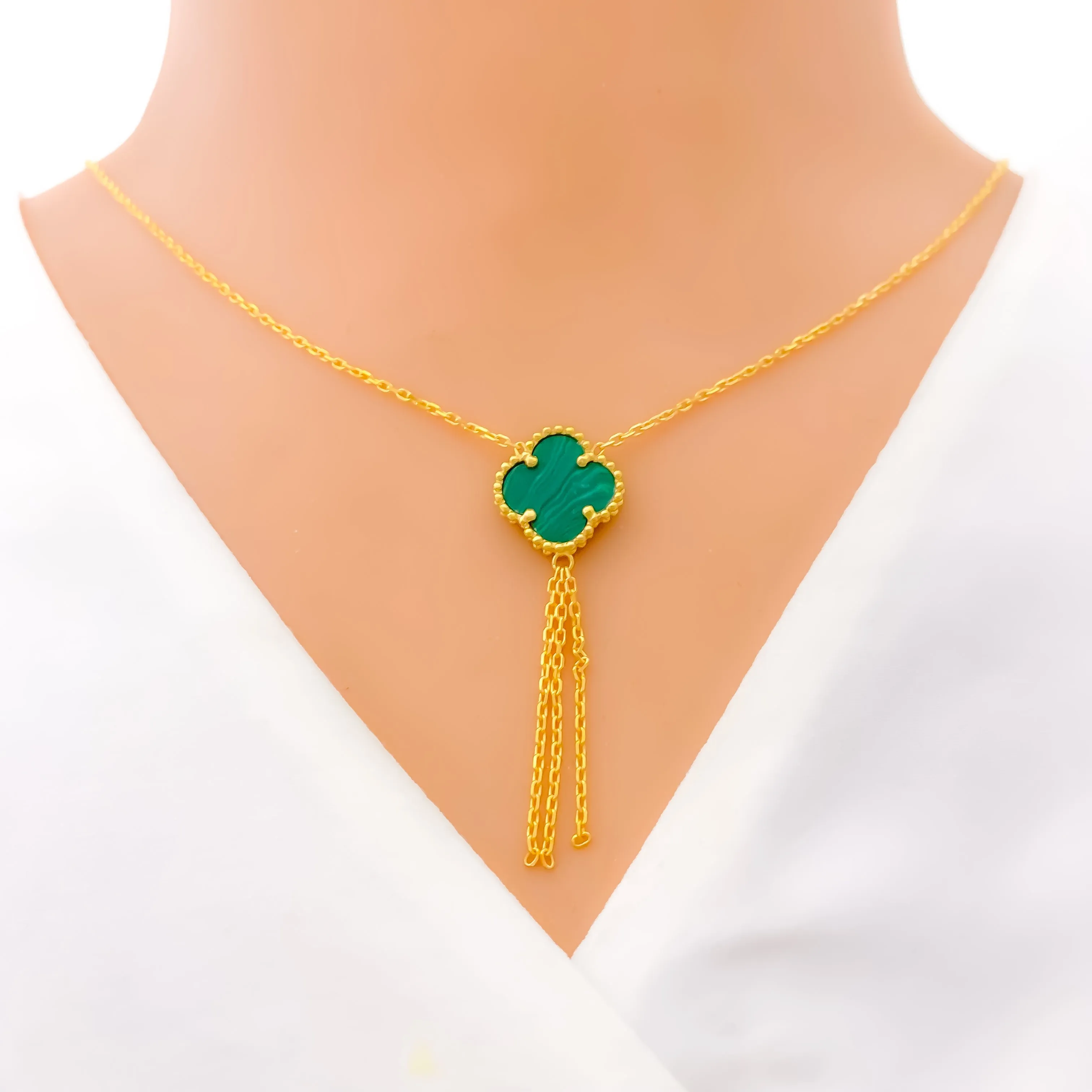 21k Gold Malachite Clover Necklace Set w/ Gold Tassels