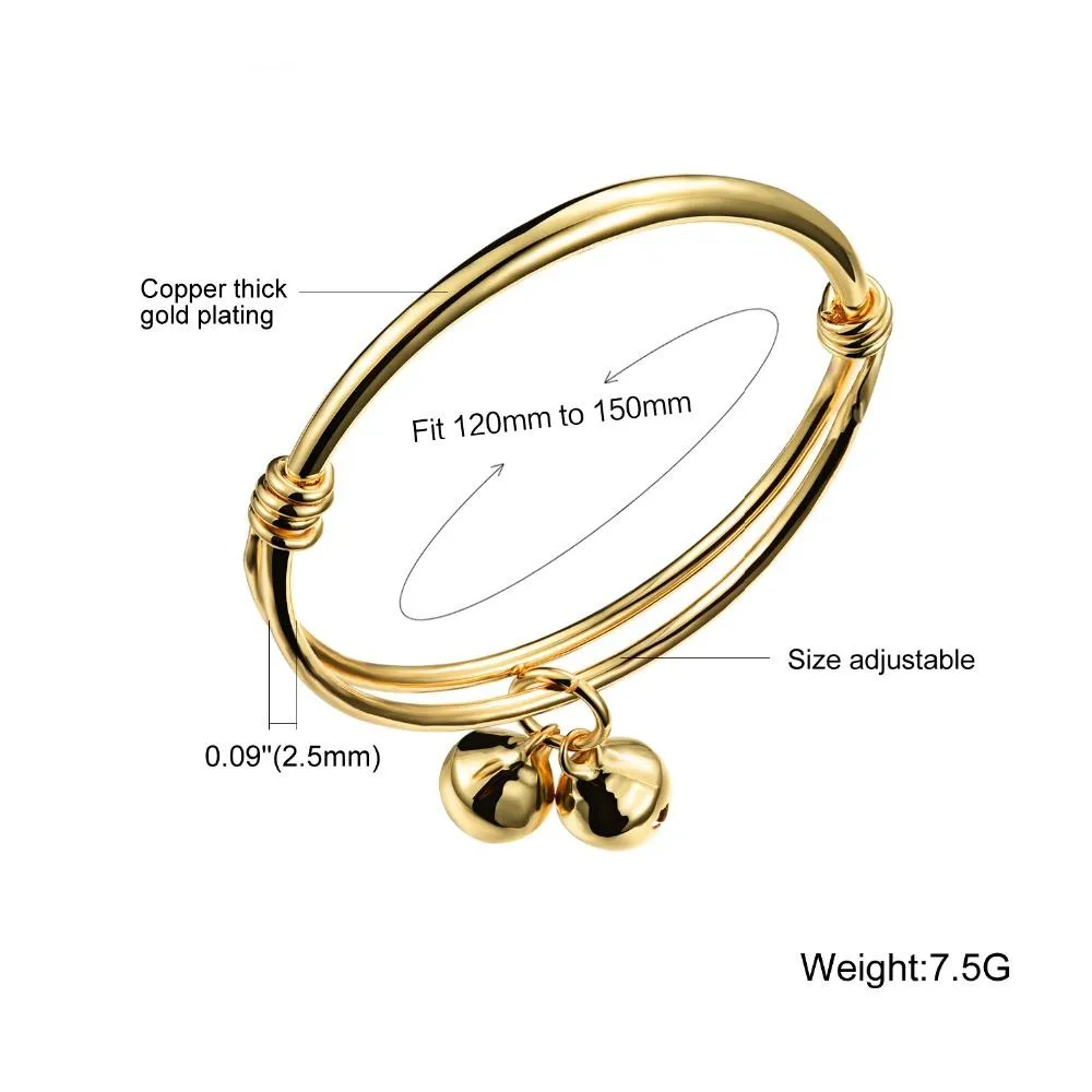 Adjustable Children Gold Color Bells Open Bangles