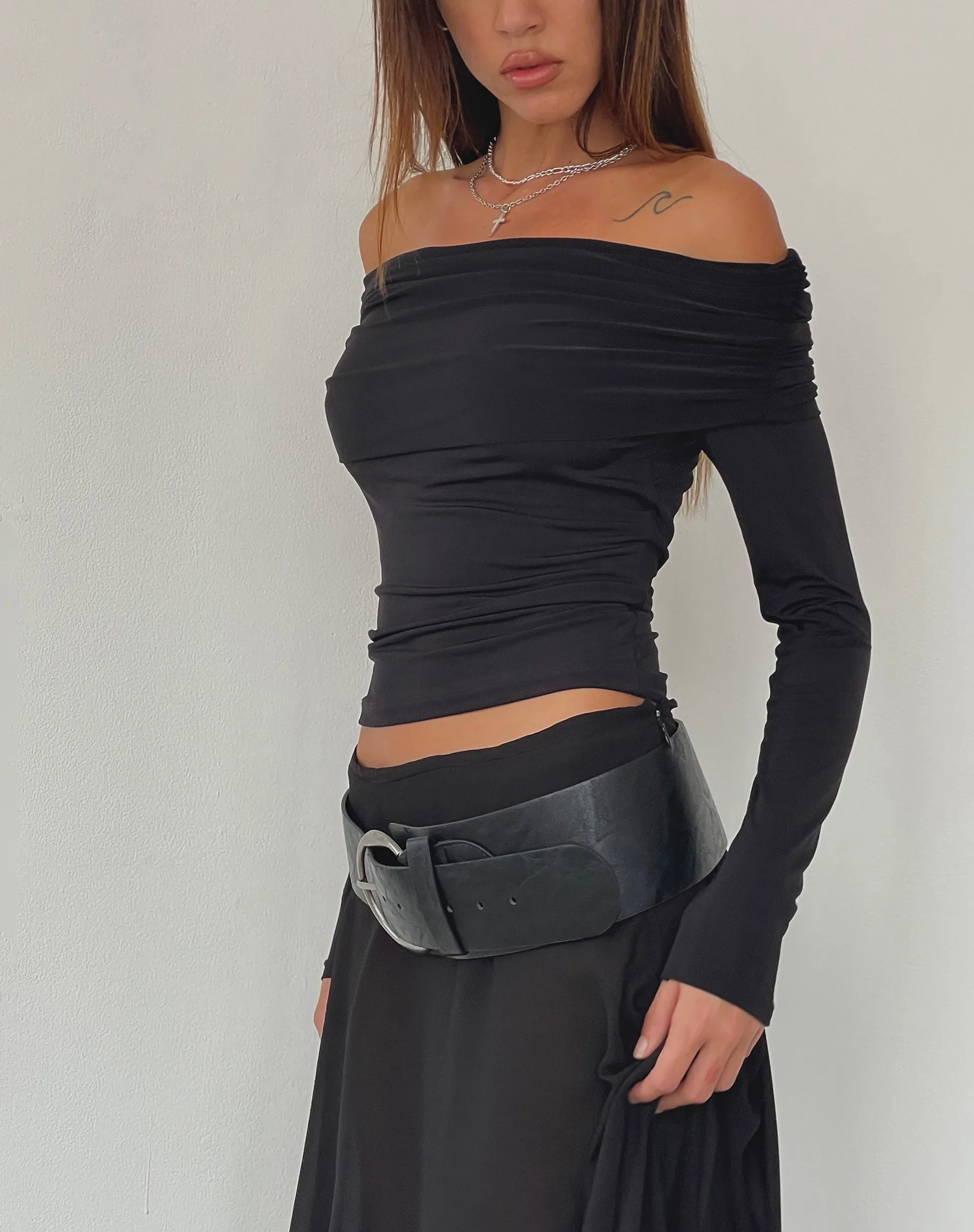 Andi Long Sleeve Bardot Top in Slinky Black