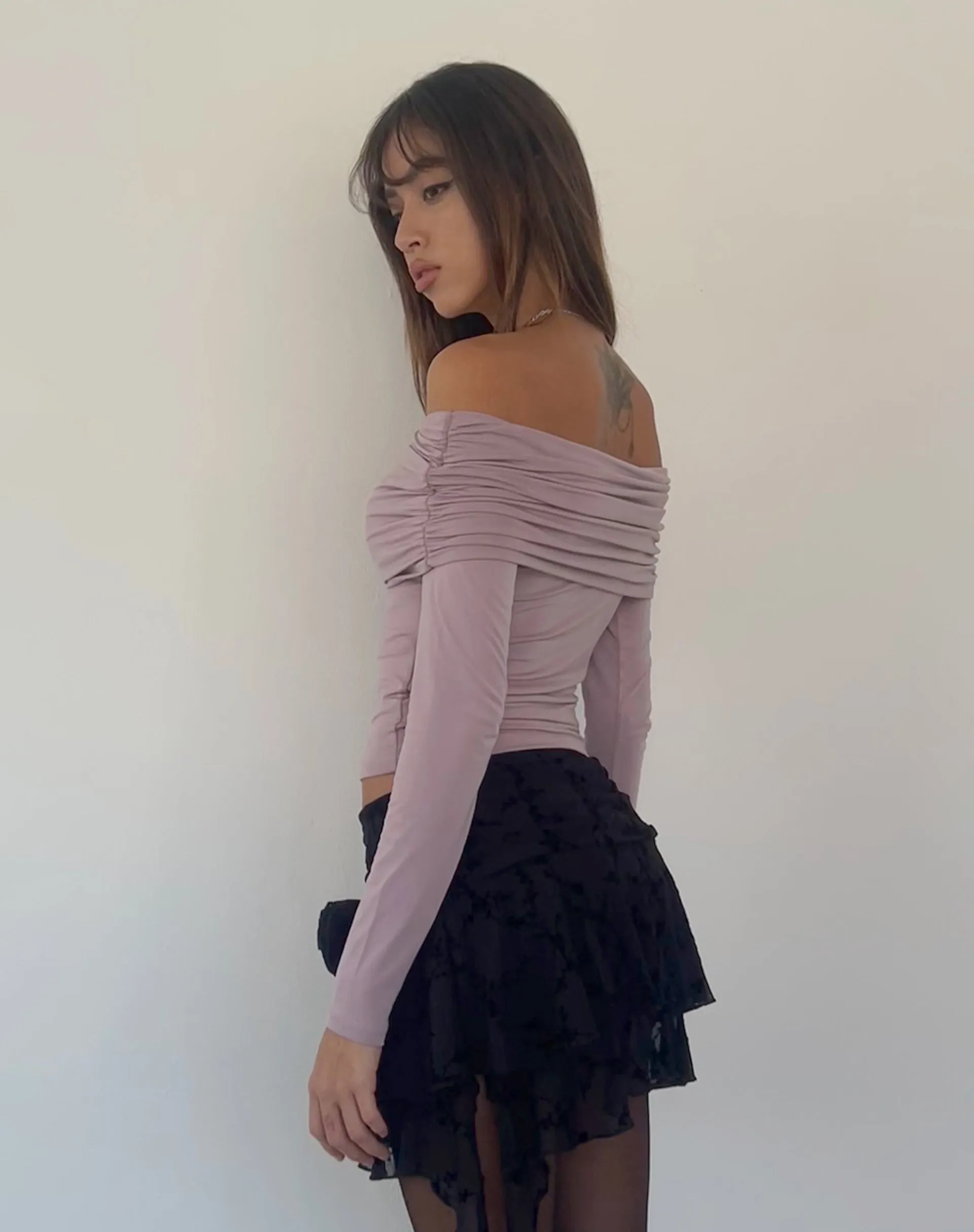 Andi Long Sleeve Bardot Top in Slinky Mauve