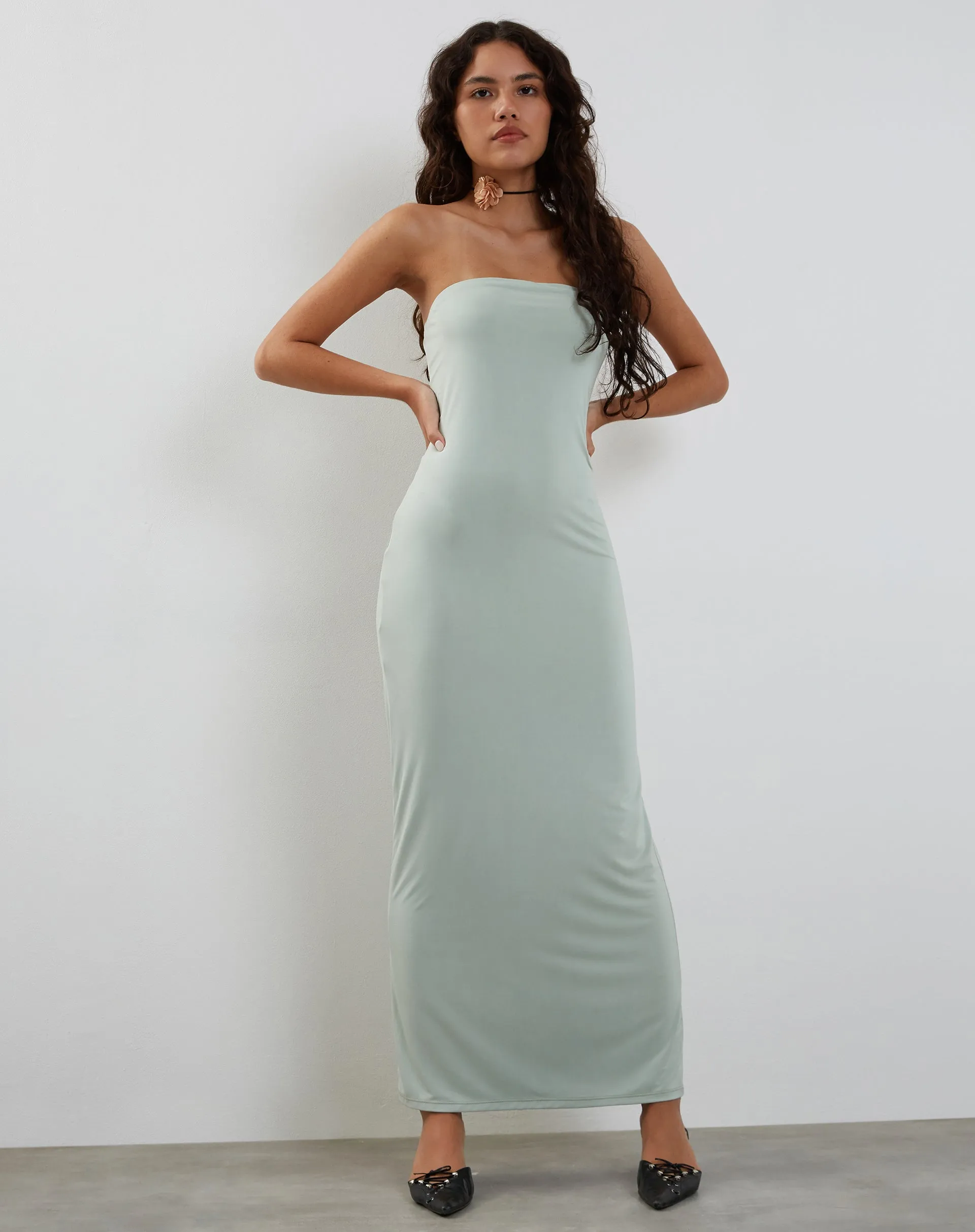 Annalise Bandeau Slinky Maxi Dress in Mint