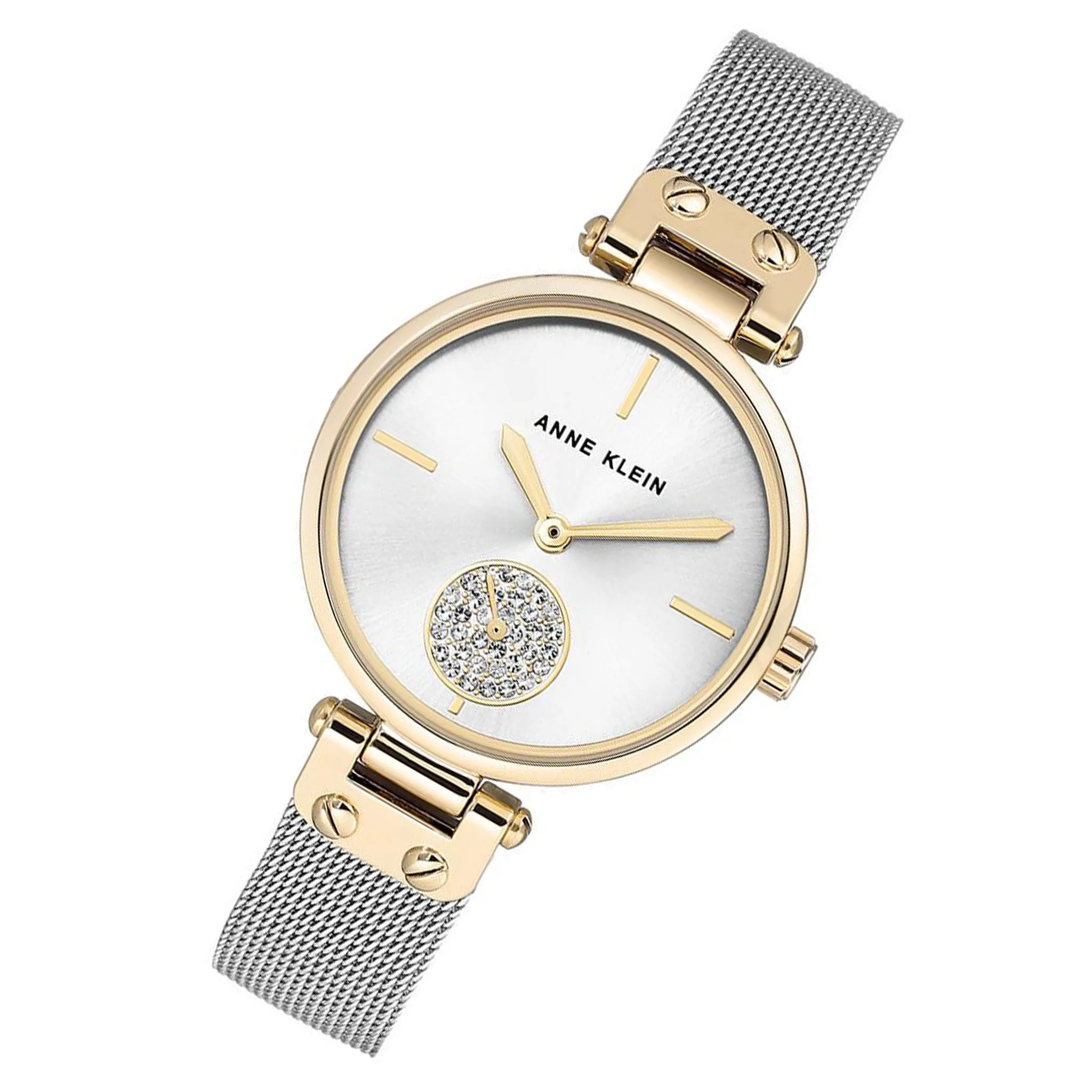 Anne Klein Swarovski Crystal Gold Stainless Steel Mesh Silvery White Dial Women's Watch - AK3001SVTT