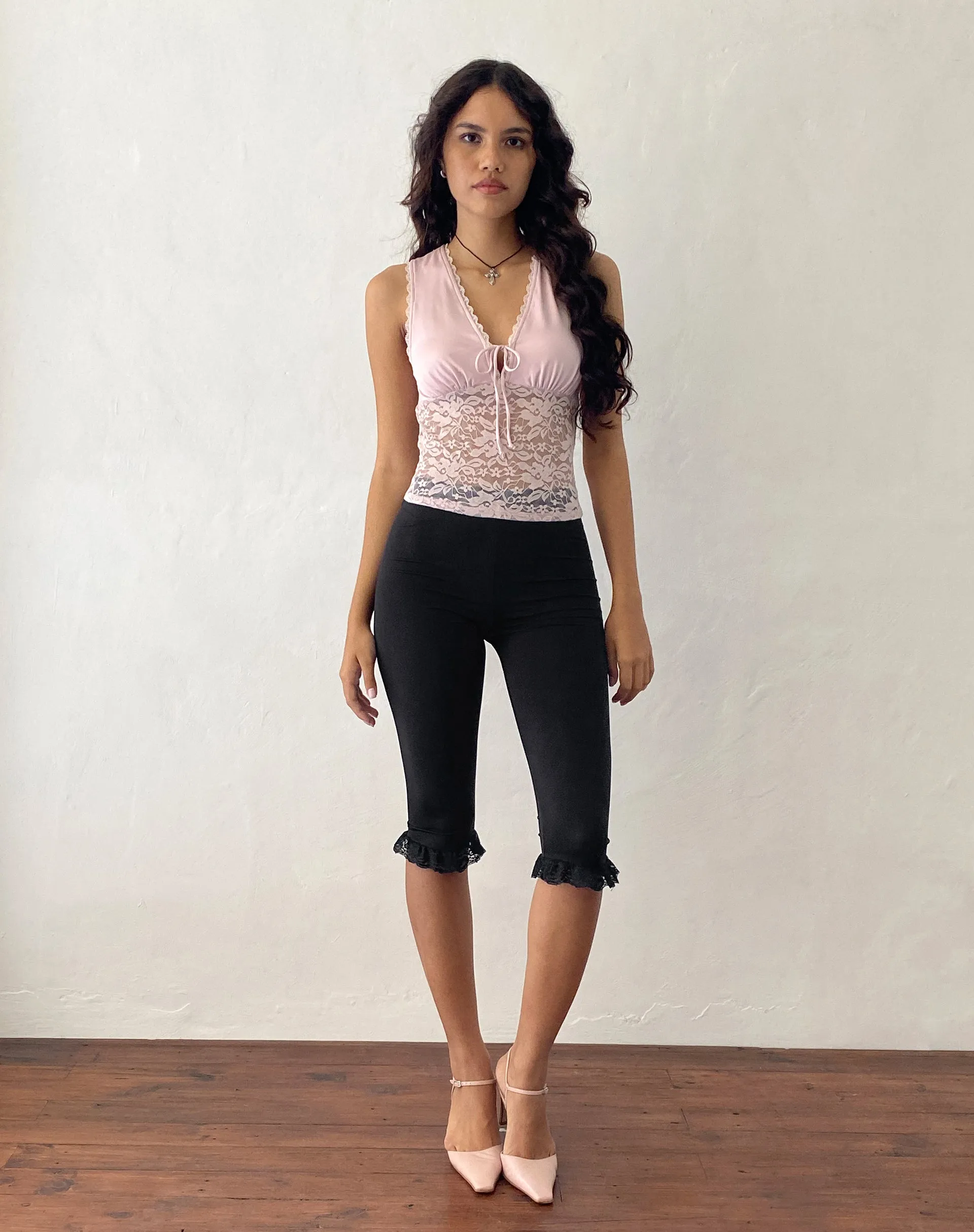 Annika Lace Frill Capri Trouser in Black