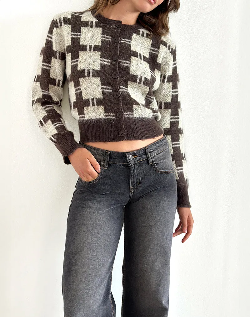 Anzio Knitted Cardigan in Check Brown