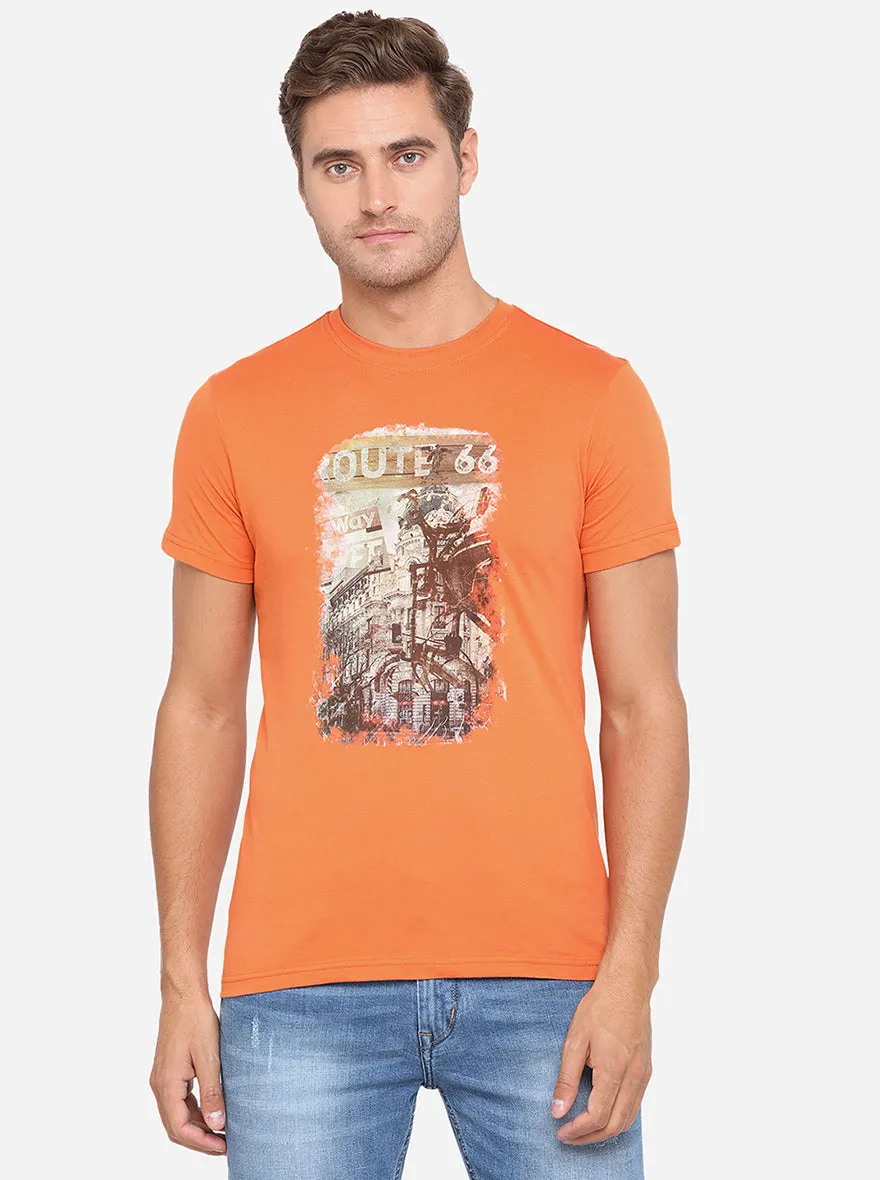 Apricot Orange Printed Slim Fit T-Shirt | Greenfibre