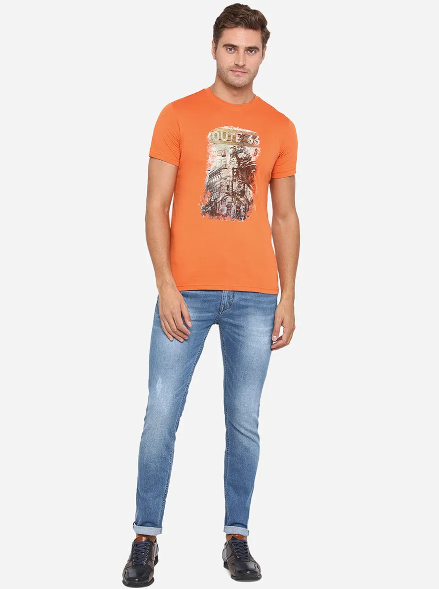 Apricot Orange Printed Slim Fit T-Shirt | Greenfibre