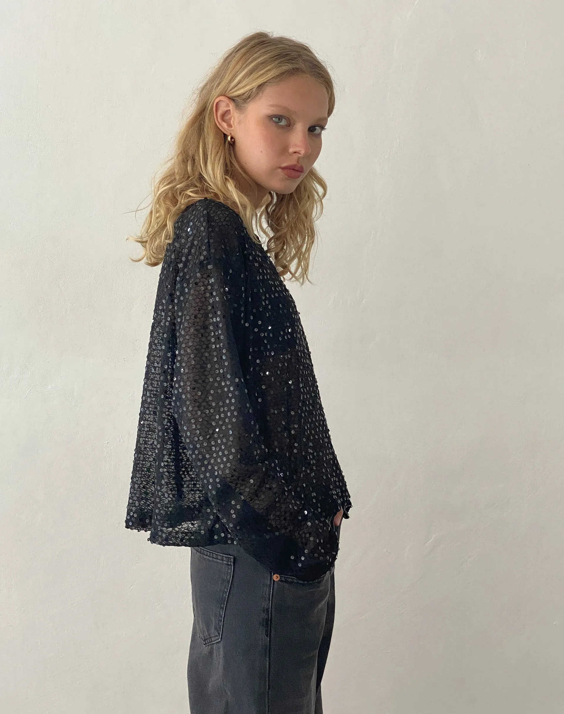 Aridani Unlined Long Sleeve Top in Black Sequin