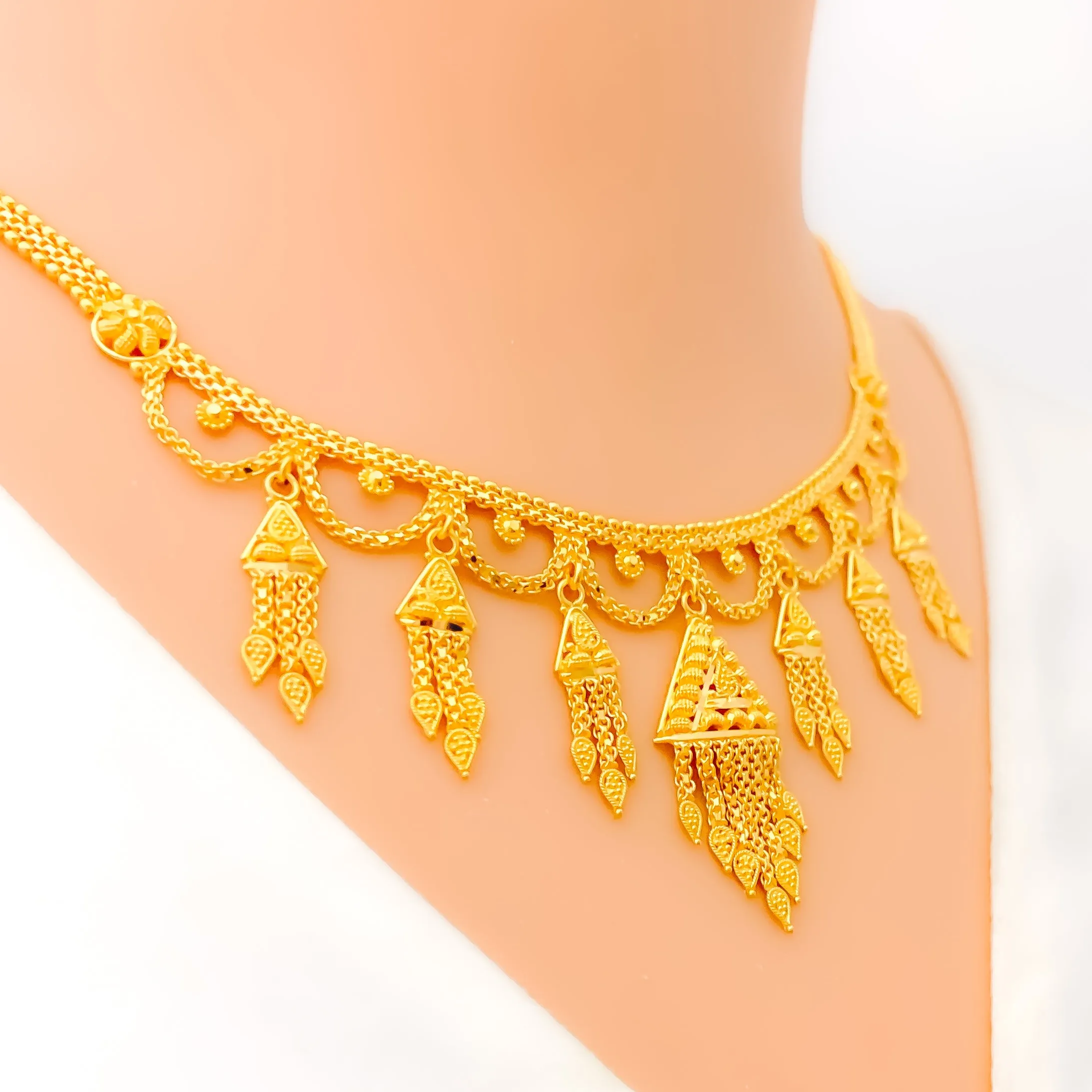 Artistic Dangling Triangle 22k Gold Laced Necklace Set