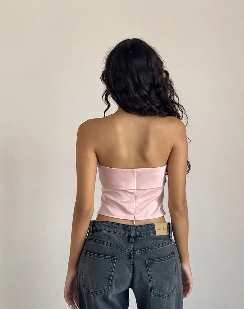 Astrum Satin Bandeau Top in Pink with Ivory Rose