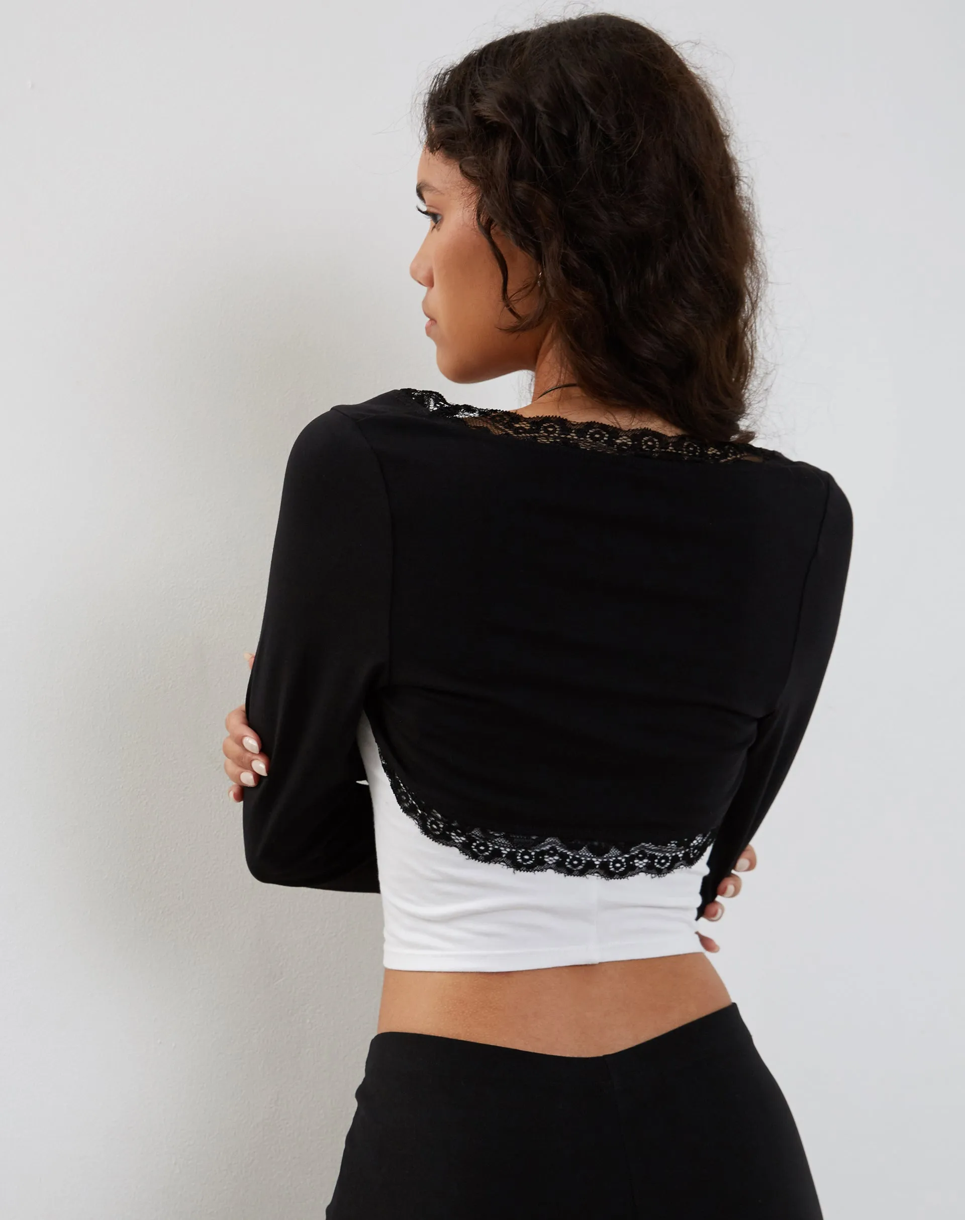 Avya Lace Trim Shrug Top in Lycra Lace Black