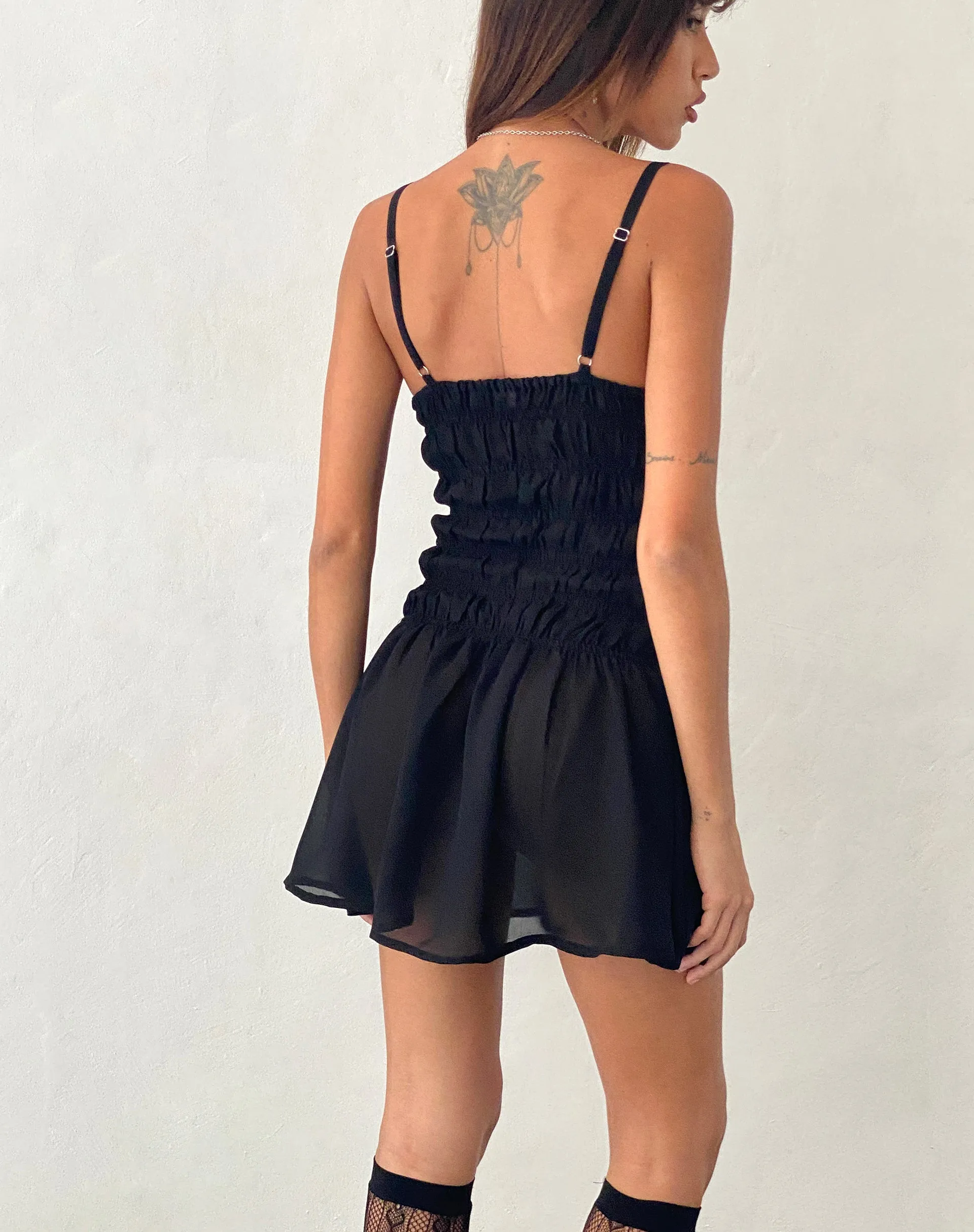 Axely Shirred Mini Dress in Chiffon Black