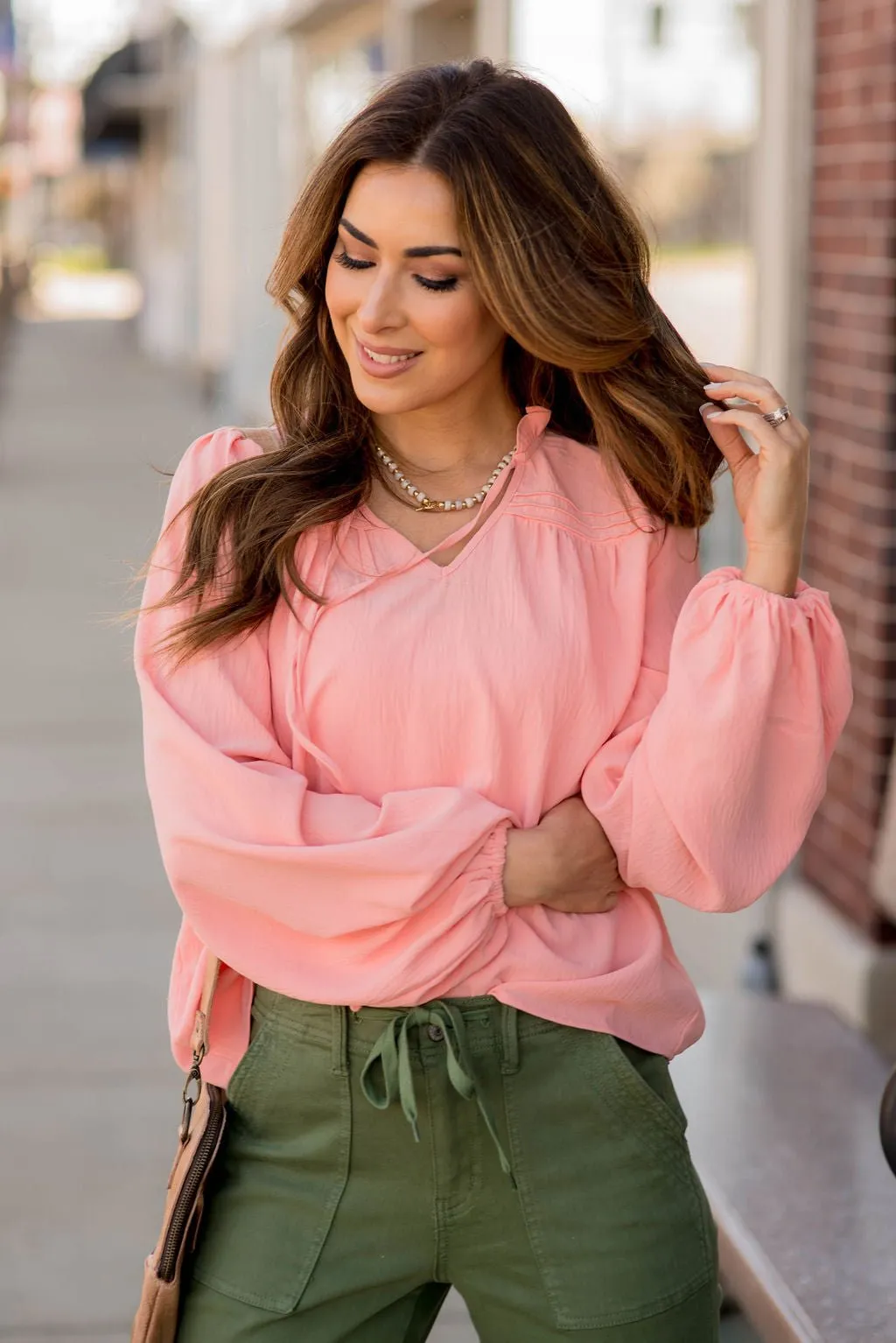 Balloon Sleeve Tie V Blouse