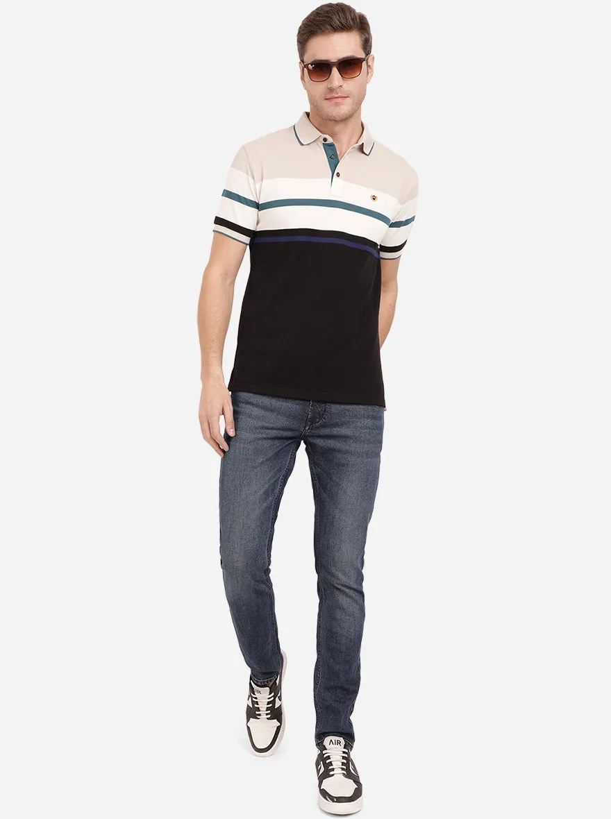 Beige & Black Striped Slim Fit Polo T-Shirt | JadeBlue