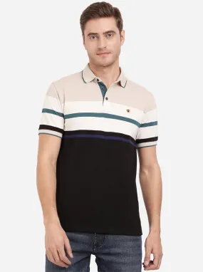 Beige & Black Striped Slim Fit Polo T-Shirt | JadeBlue