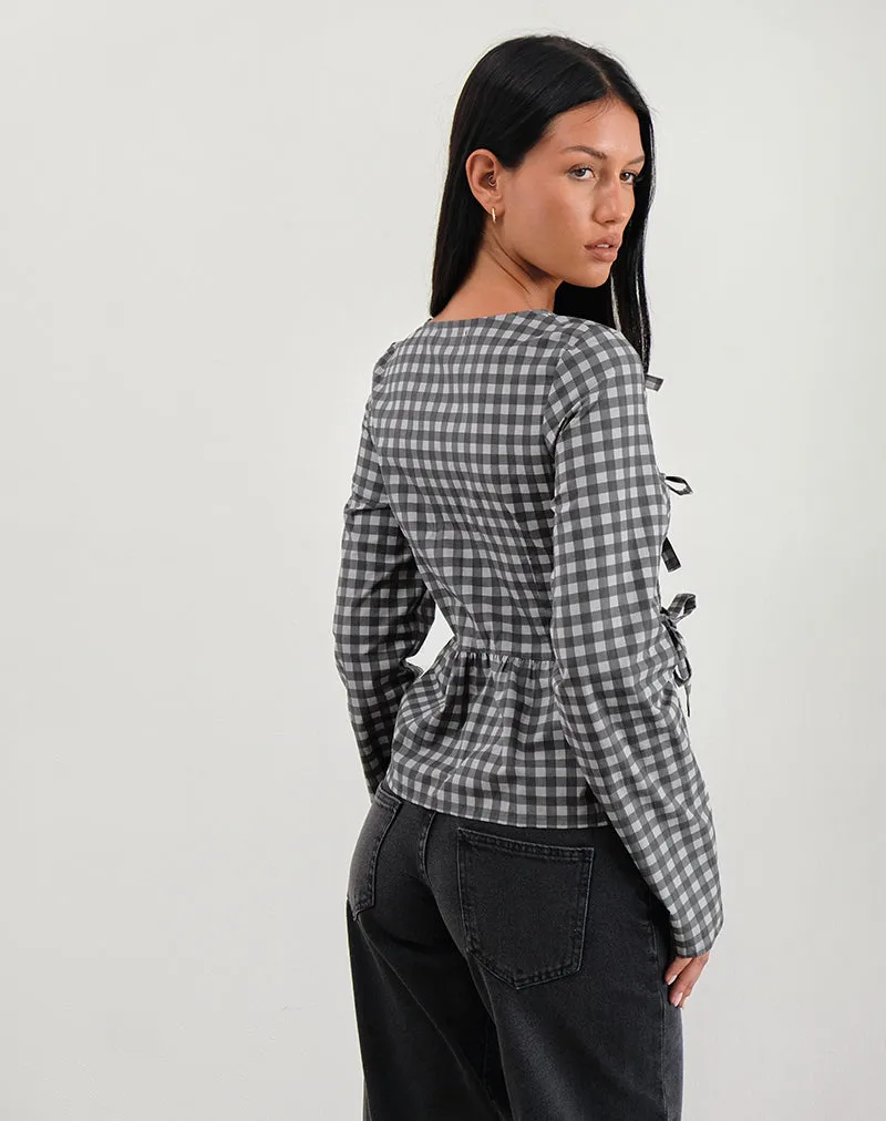 Bertaria Long Sleeve Top in Tonal Gingham Black and Grey