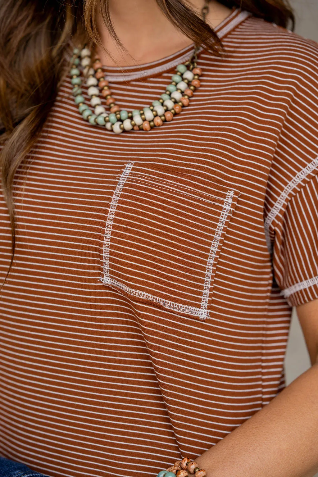 Bold Stitched Striped Pocket Tee