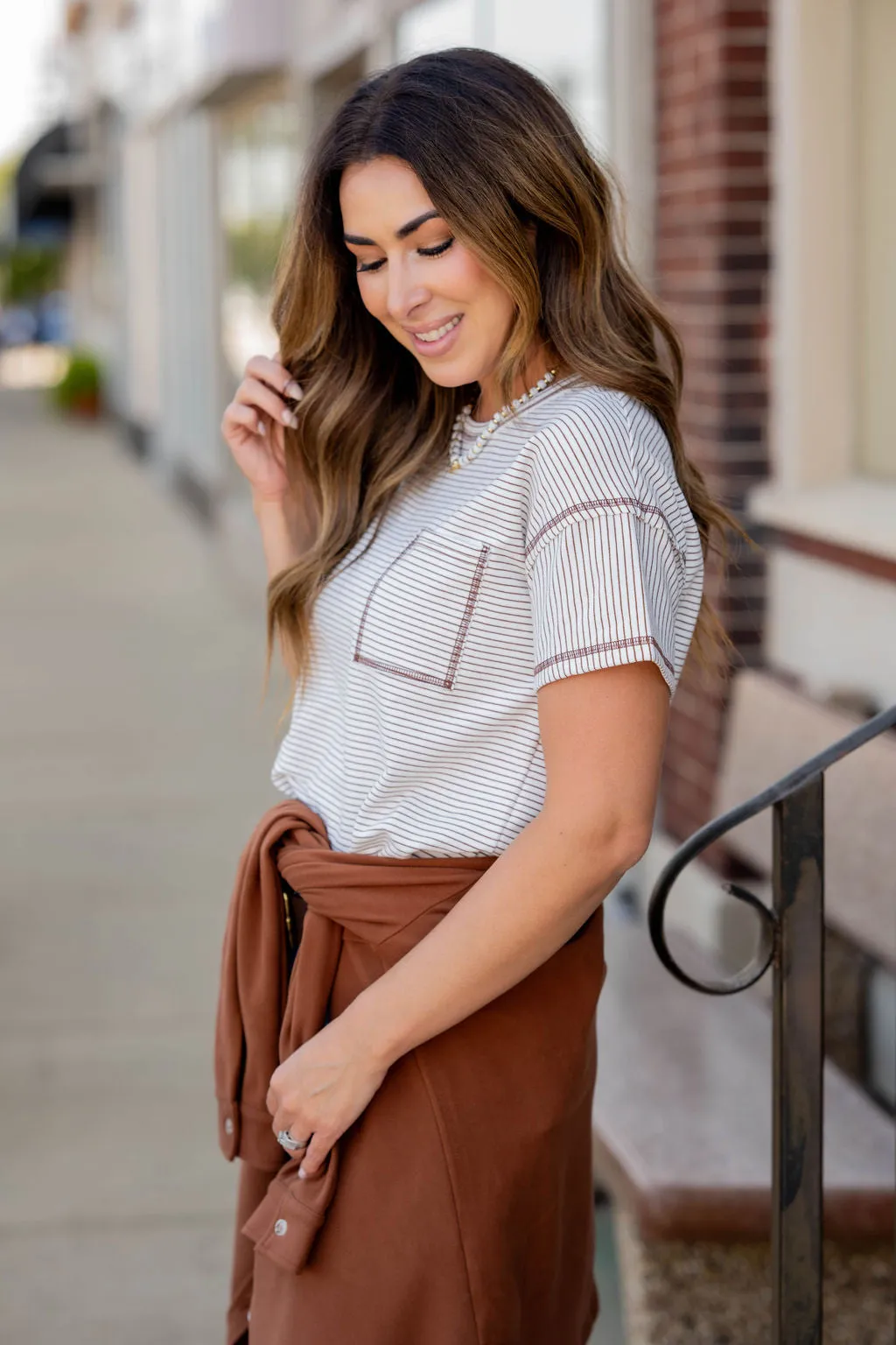 Bold Stitched Striped Pocket Tee