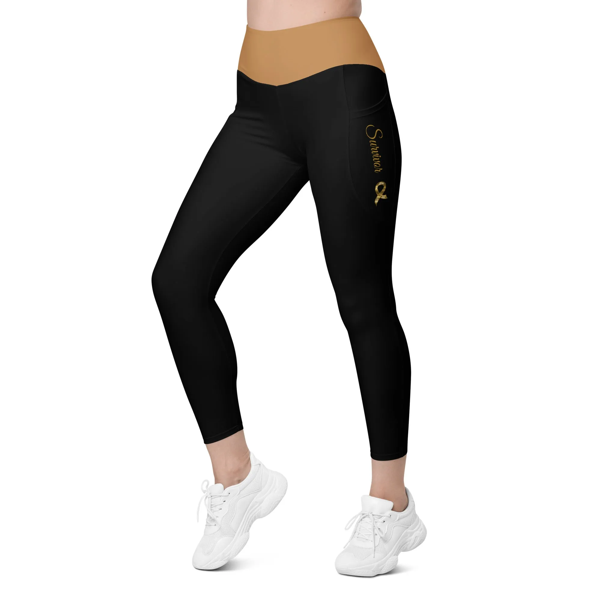 Childhood Cancer "Survivor" Leggings with Pockets (Black/Gold)(Size 2XS - 6XL)