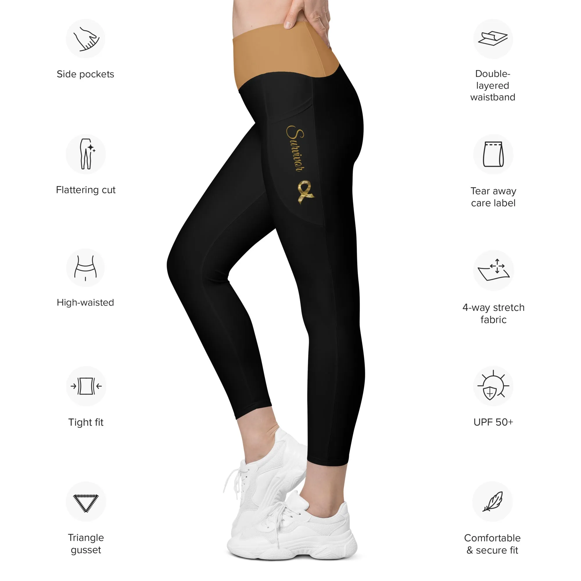 Childhood Cancer "Survivor" Leggings with Pockets (Black/Gold)(Size 2XS - 6XL)