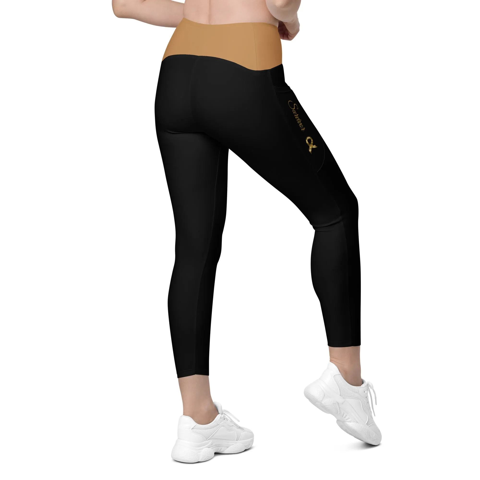 Childhood Cancer "Survivor" Leggings with Pockets (Black/Gold)(Size 2XS - 6XL)