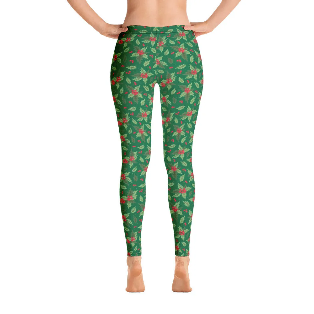 Christmas Holly Full Length Leggings (Kelly Green)