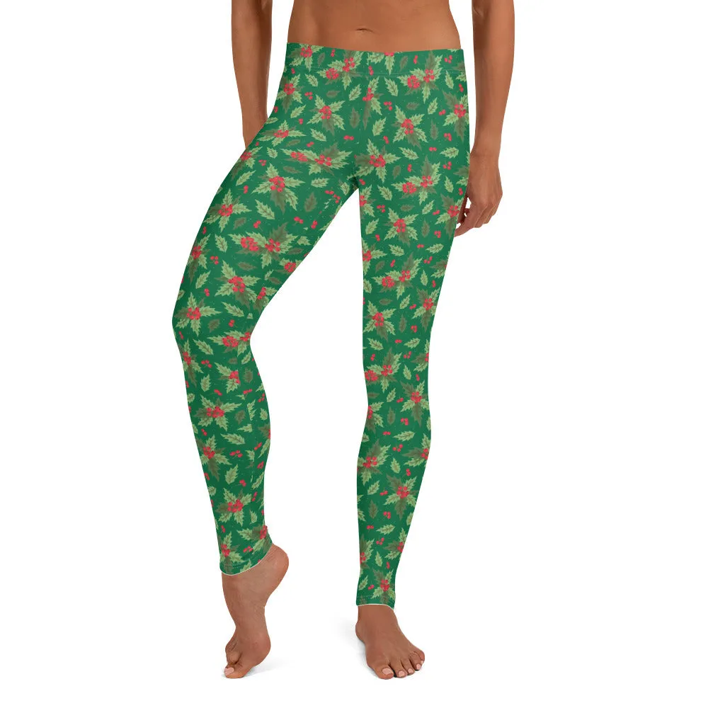 Christmas Holly Full Length Leggings (Kelly Green)