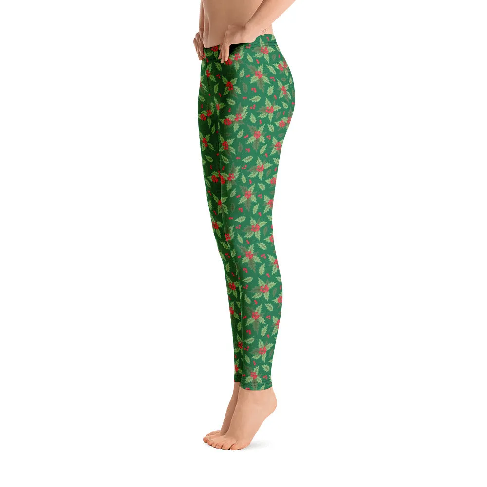 Christmas Holly Full Length Leggings (Kelly Green)