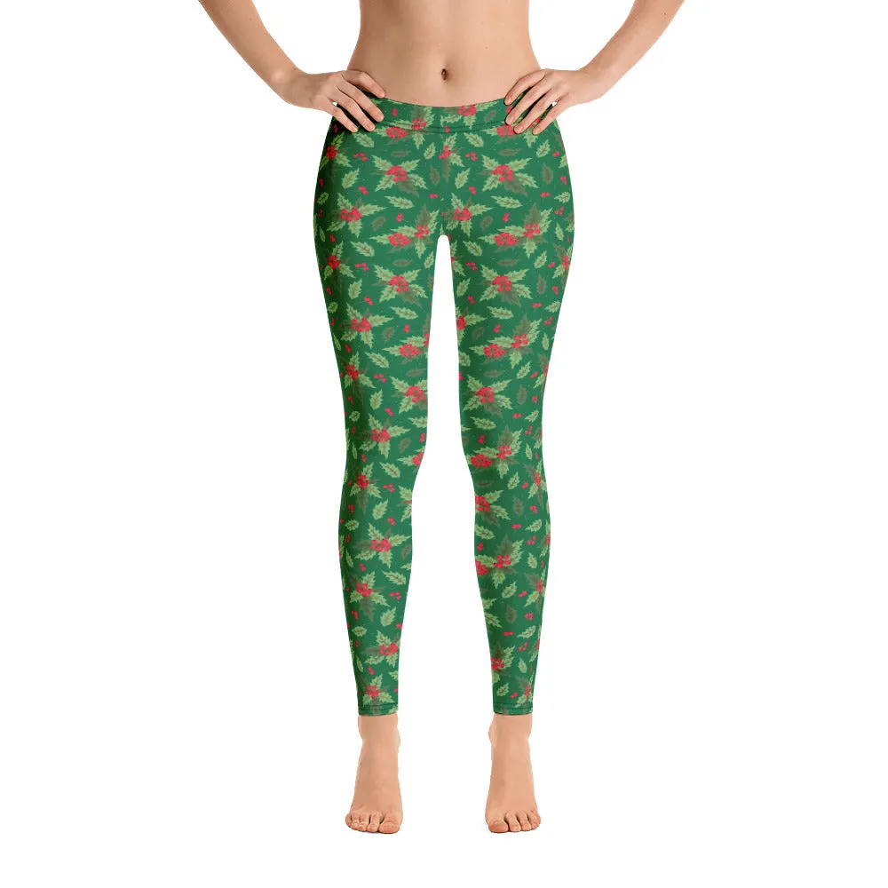 Christmas Holly Full Length Leggings (Kelly Green)