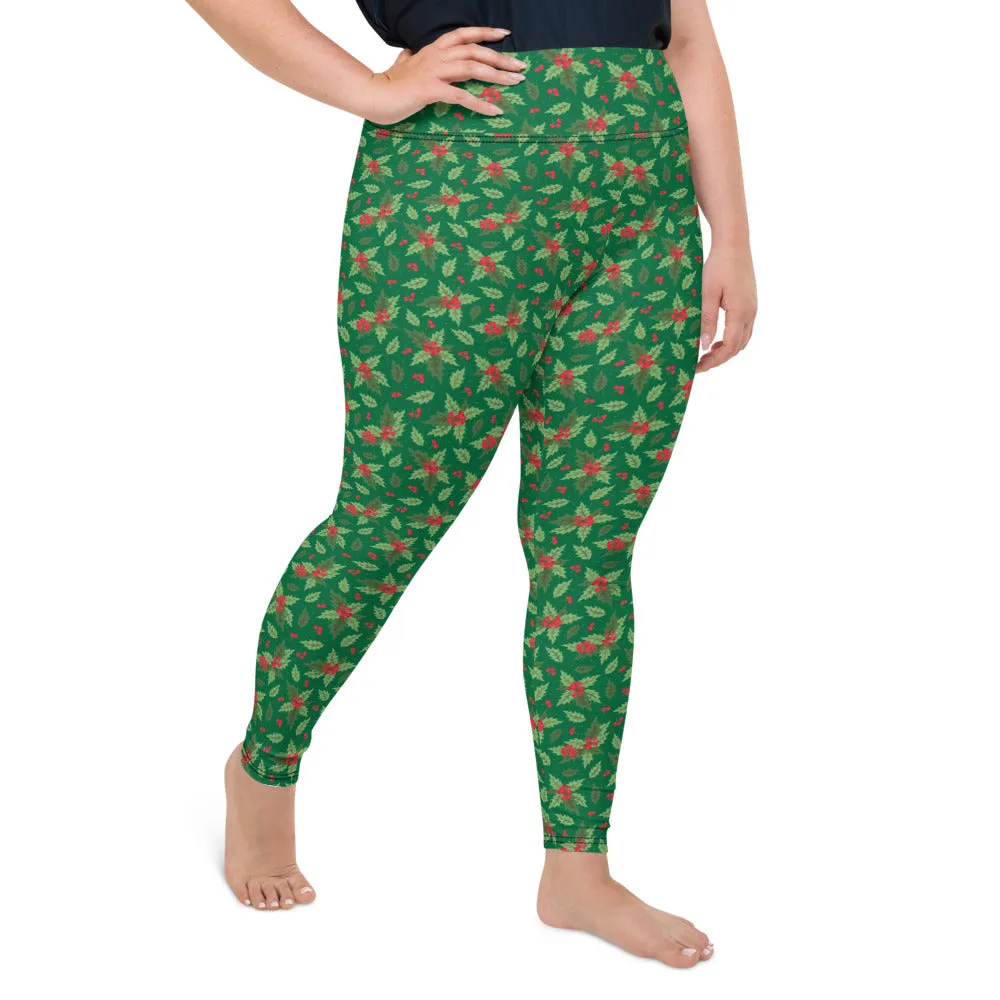 Christmas Holly Plus Size Leggings (Kelly Green)