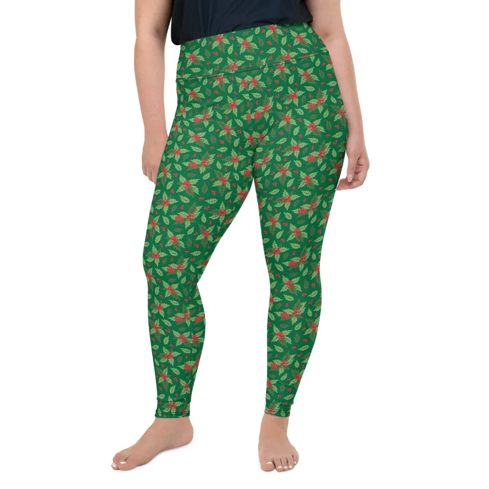 Christmas Holly Plus Size Leggings (Kelly Green)