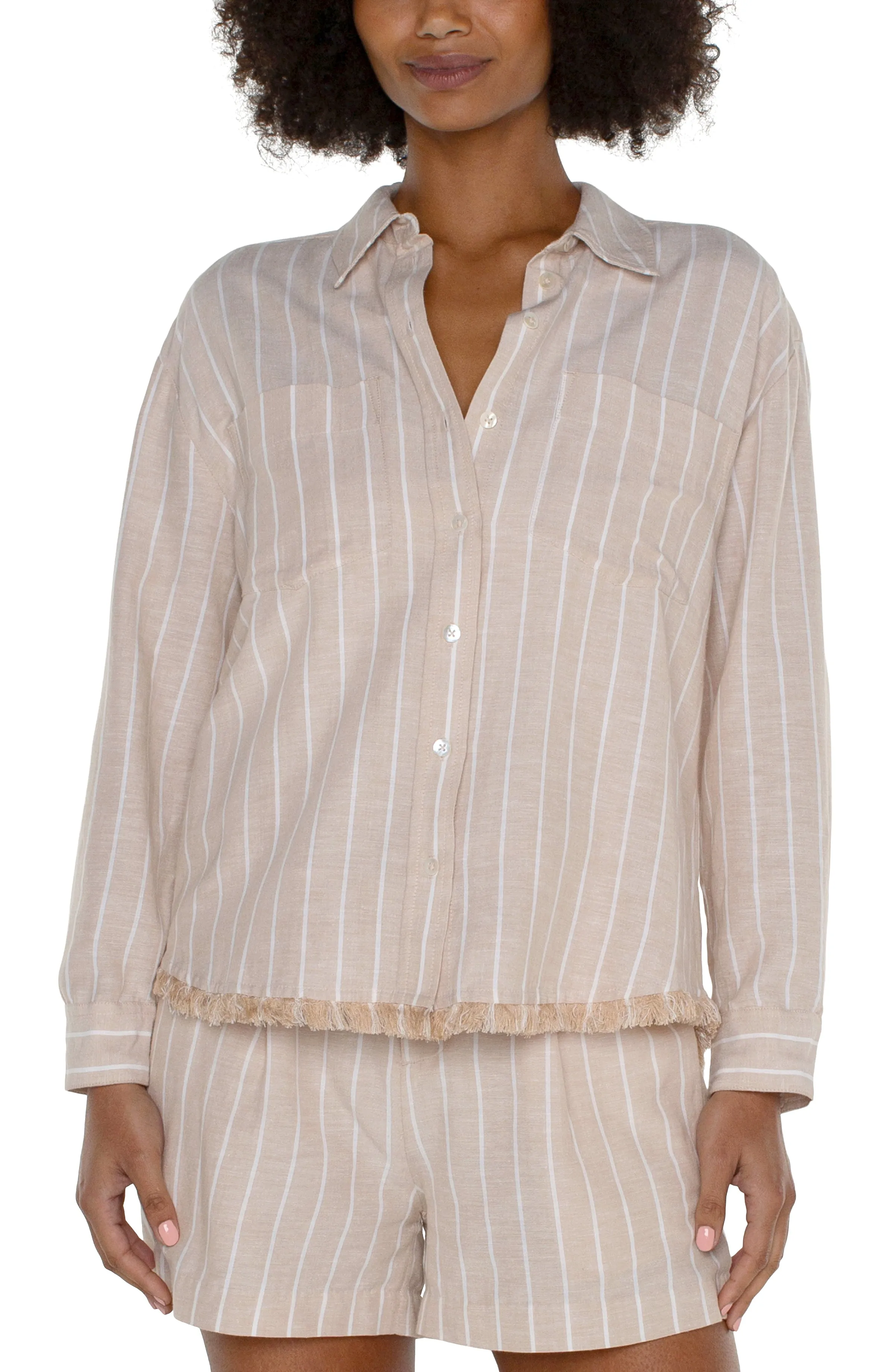 CROPPED BUTTON FRONT SHIRT WITH FRAY