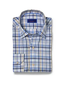 David Donahue Blue & Tan Linen Check Shirt