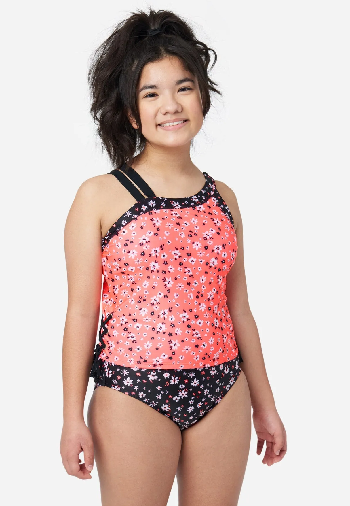 Floral Lace-Up Asymmetric Tankini Swim Set