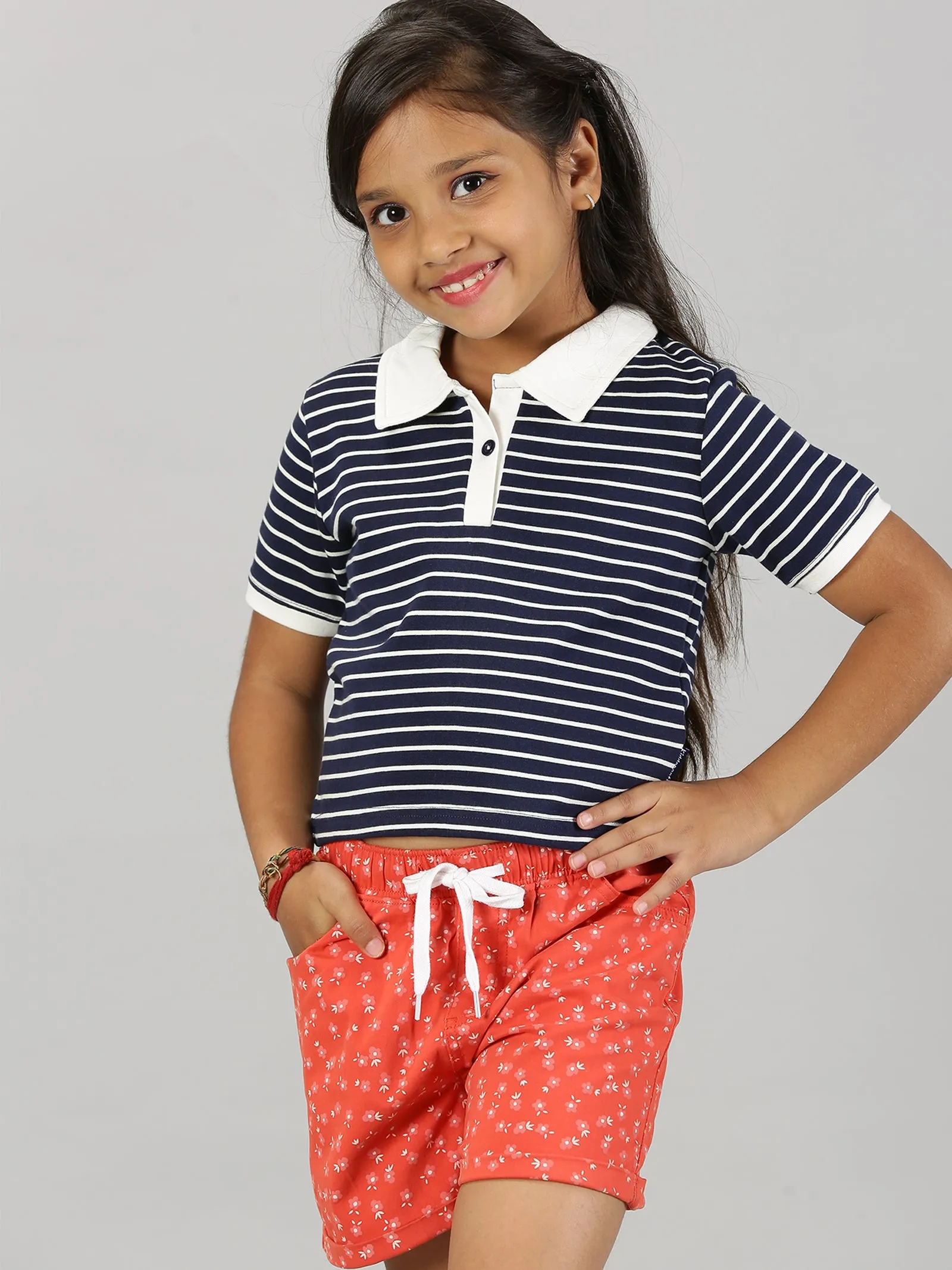 Girls Crop Length Polo Tee & Rollup Hot Shorts Set