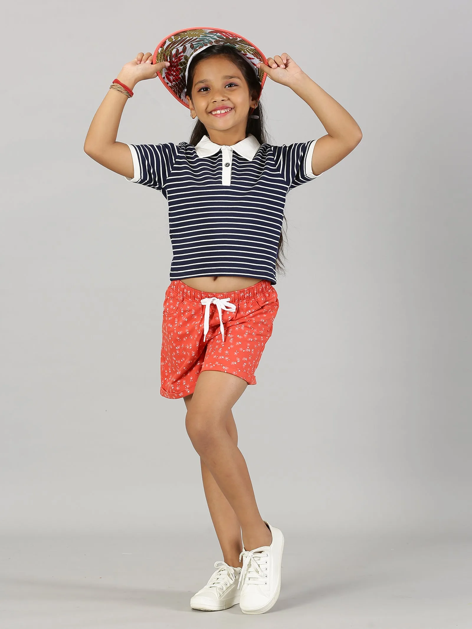 Girls Crop Length Polo Tee & Rollup Hot Shorts Set