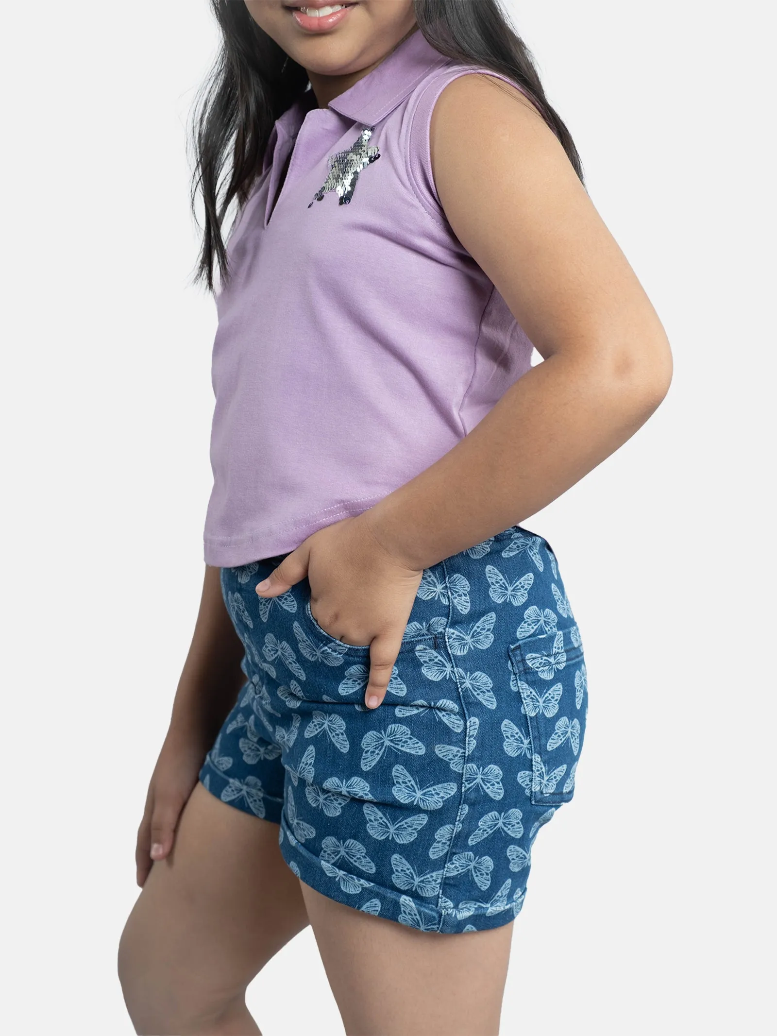 Girls Cropped Applique Embroidery Polo Tee & Rollup Hot Shorts Sets