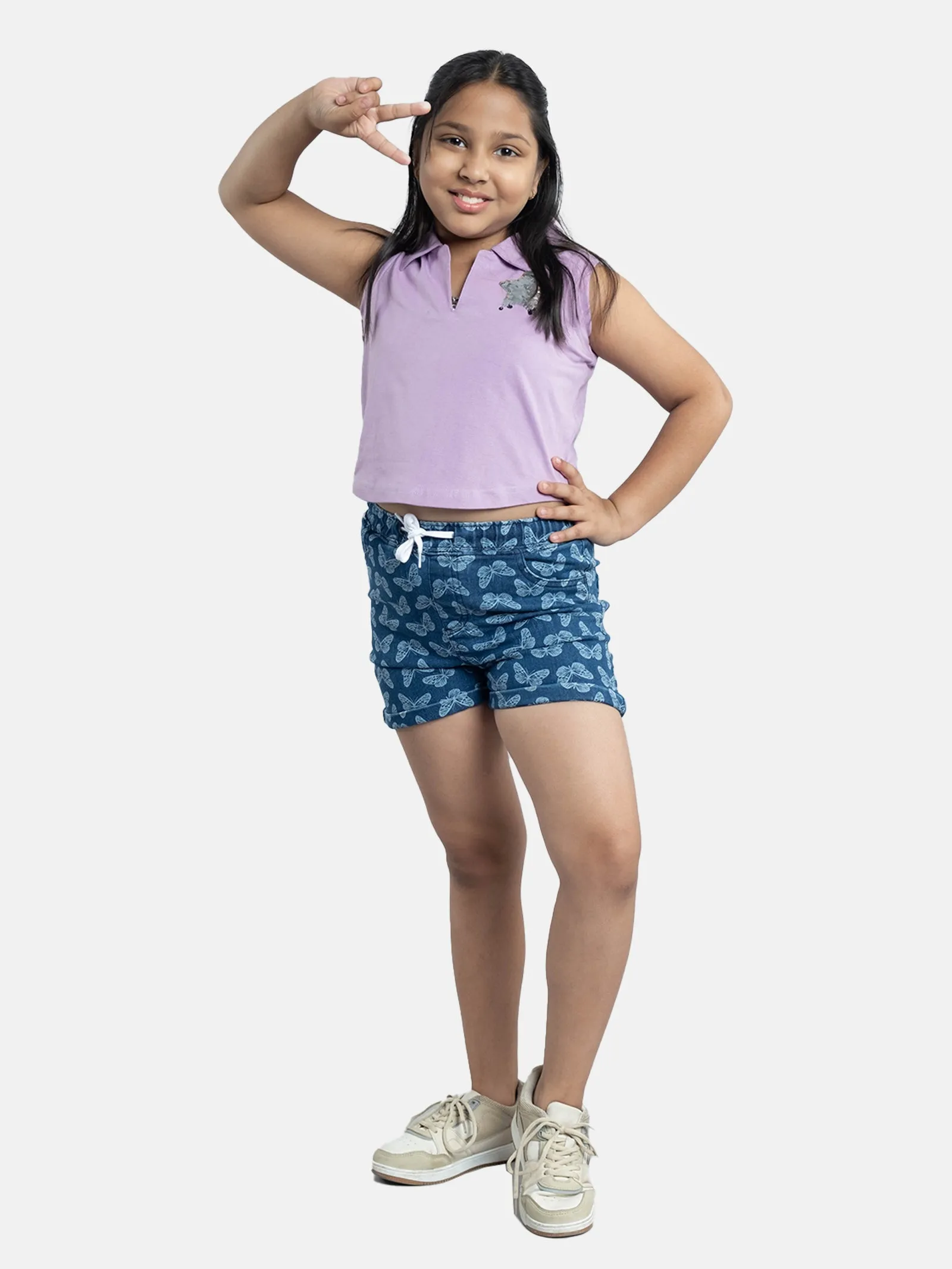 Girls Cropped Applique Embroidery Polo Tee & Rollup Hot Shorts Sets