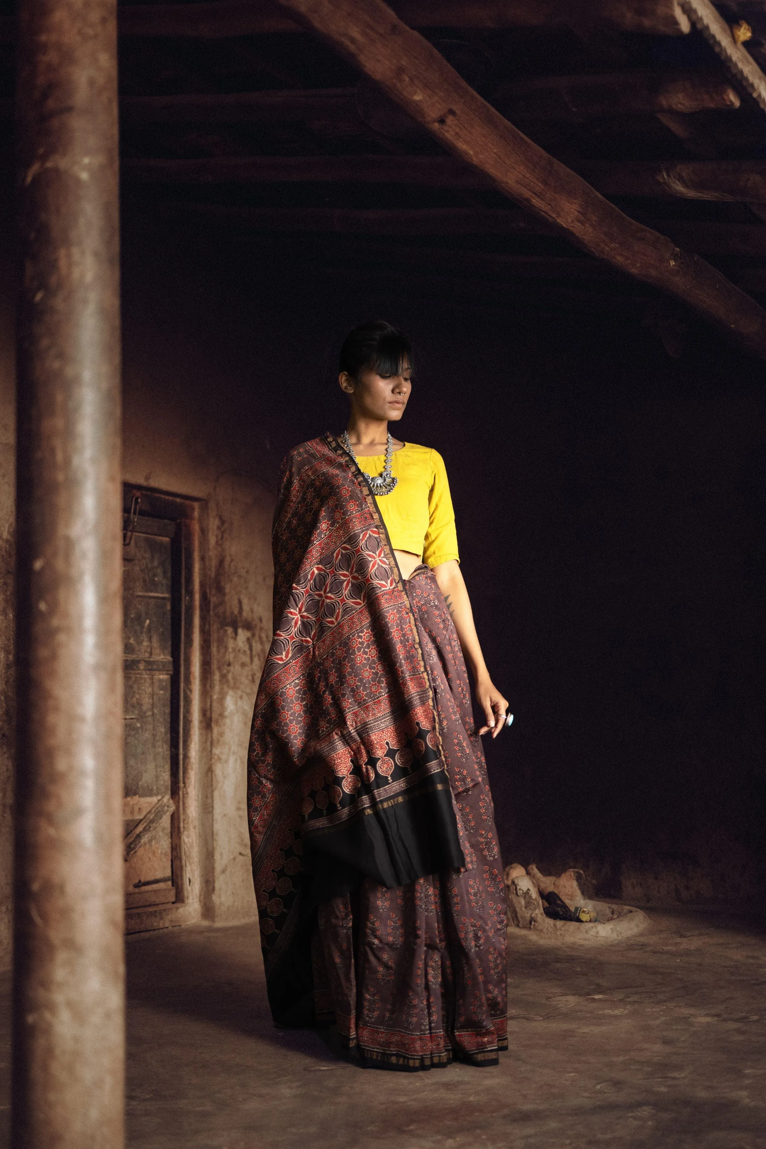 Jharokha -Grey and red silk  cotton Ajrakh handblockprinted saree