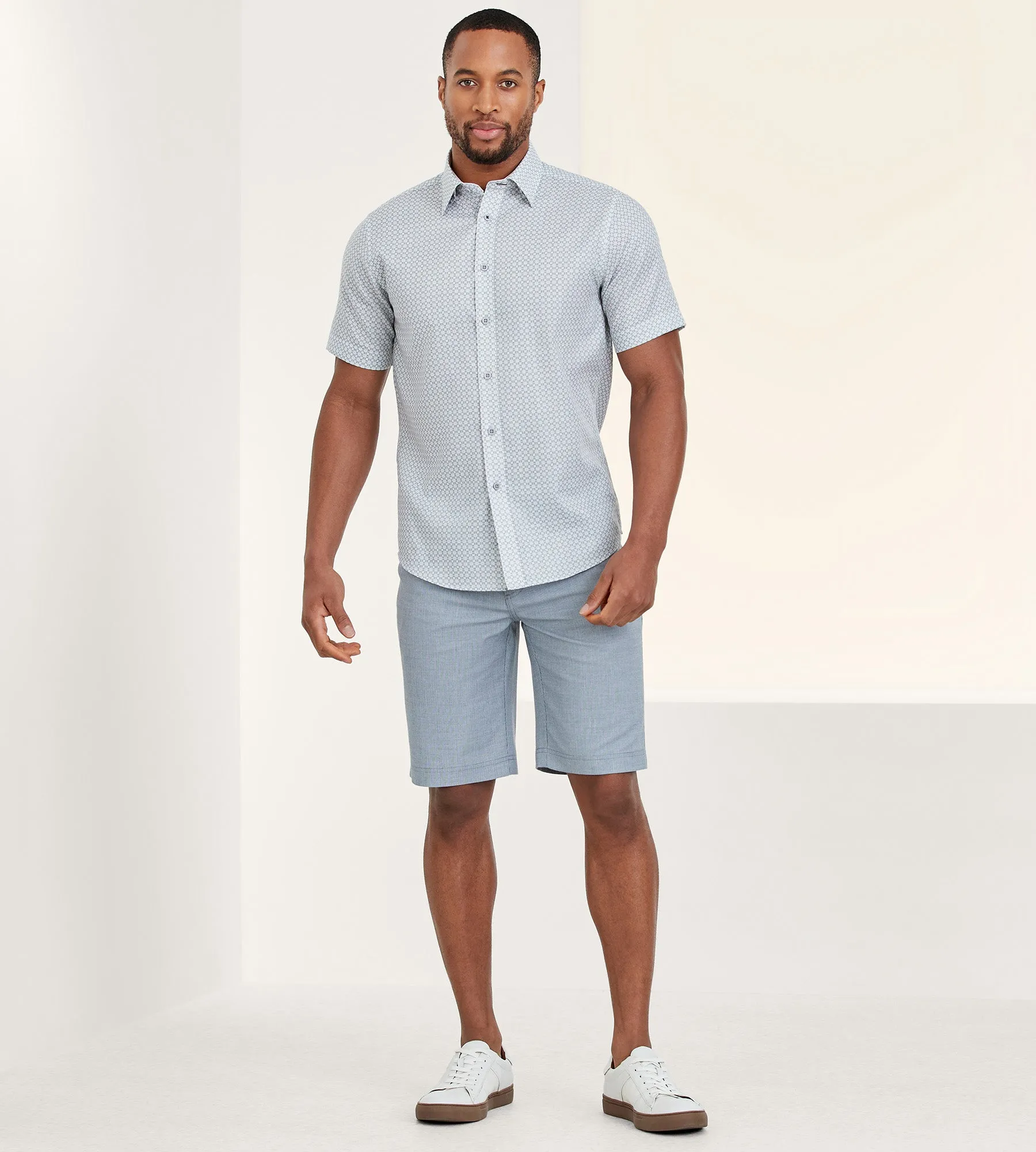 Modern Fit Short Sleeve Textured Linen-Like Geo Print Sport Shirt