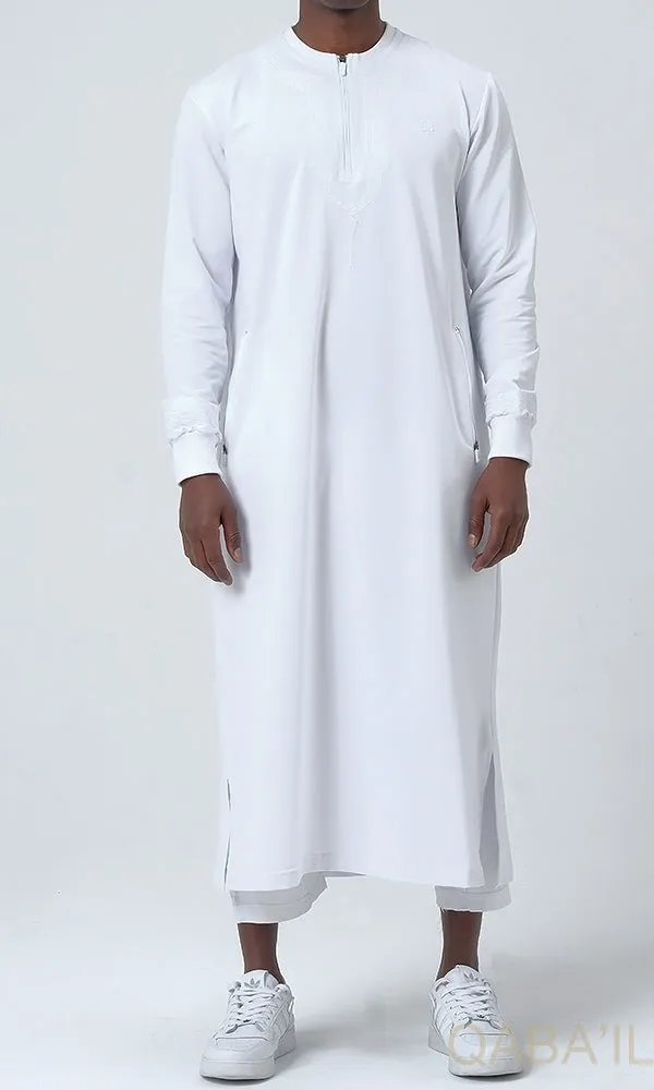 Muslim Men's Embroidered Long Thobe Kamees Sham QL in White