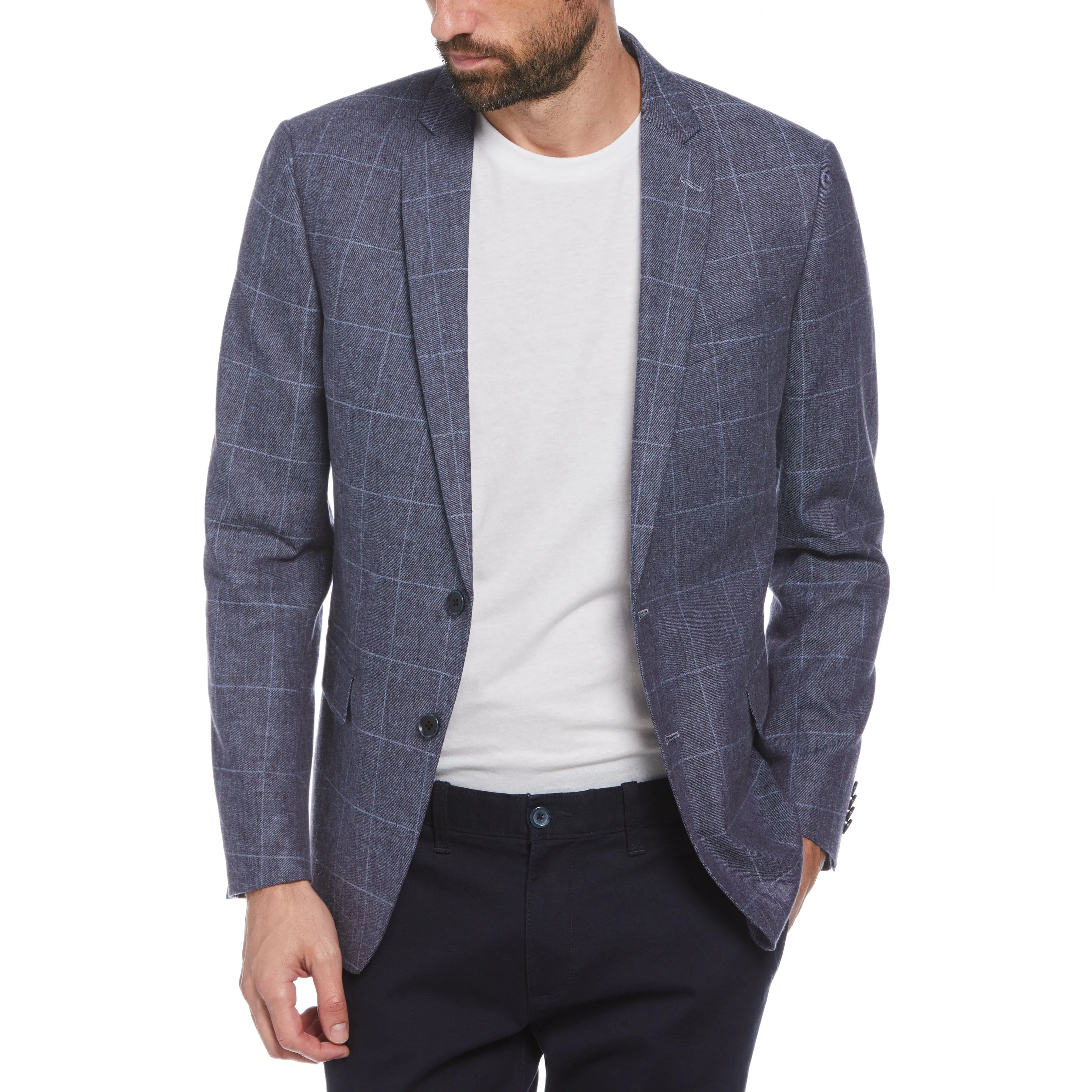 Navy Windowpane Plaid Linen Blend Blazer