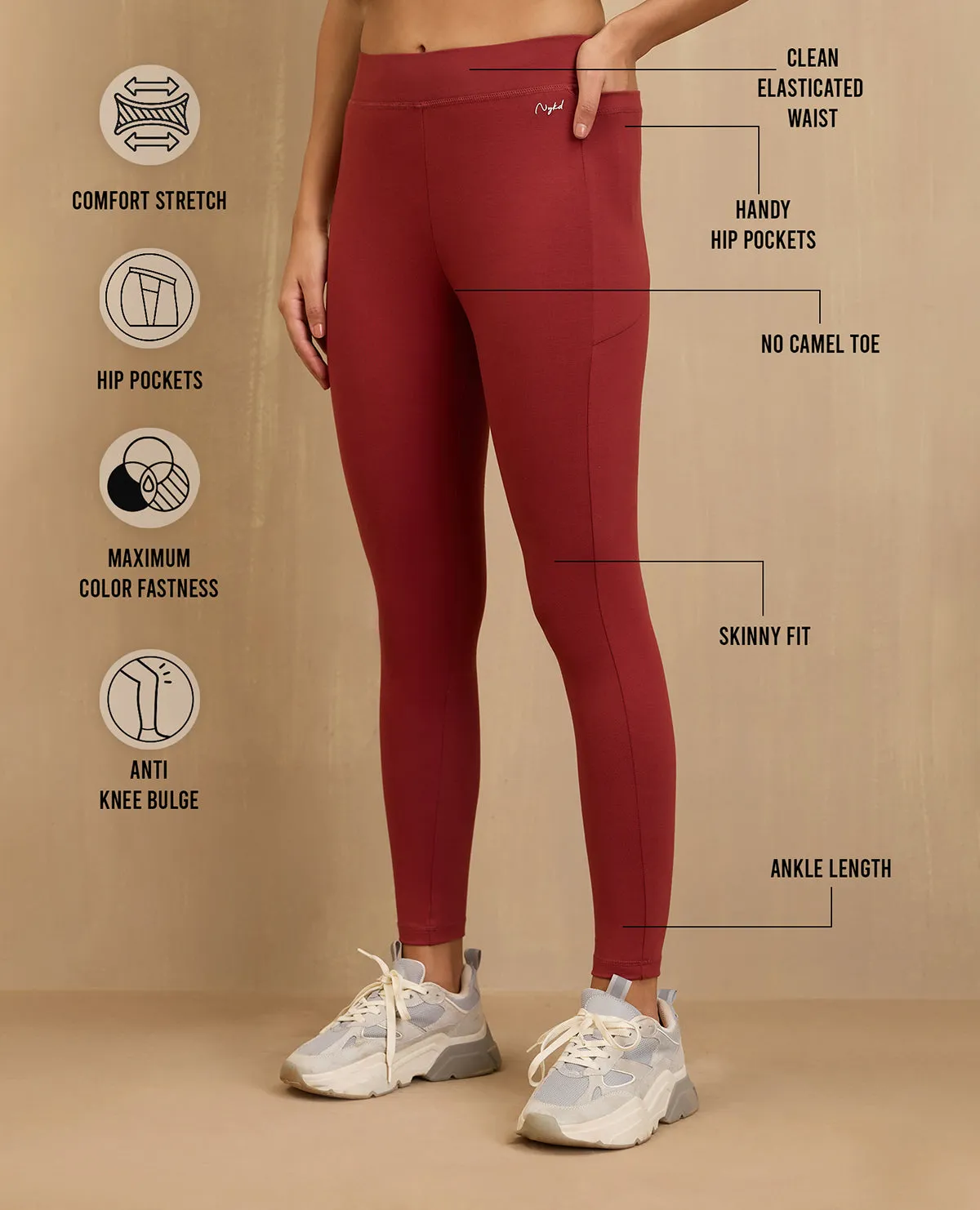 NYKD By Nykaa Comfort Leggings with Pockets! -NYAT401-Red