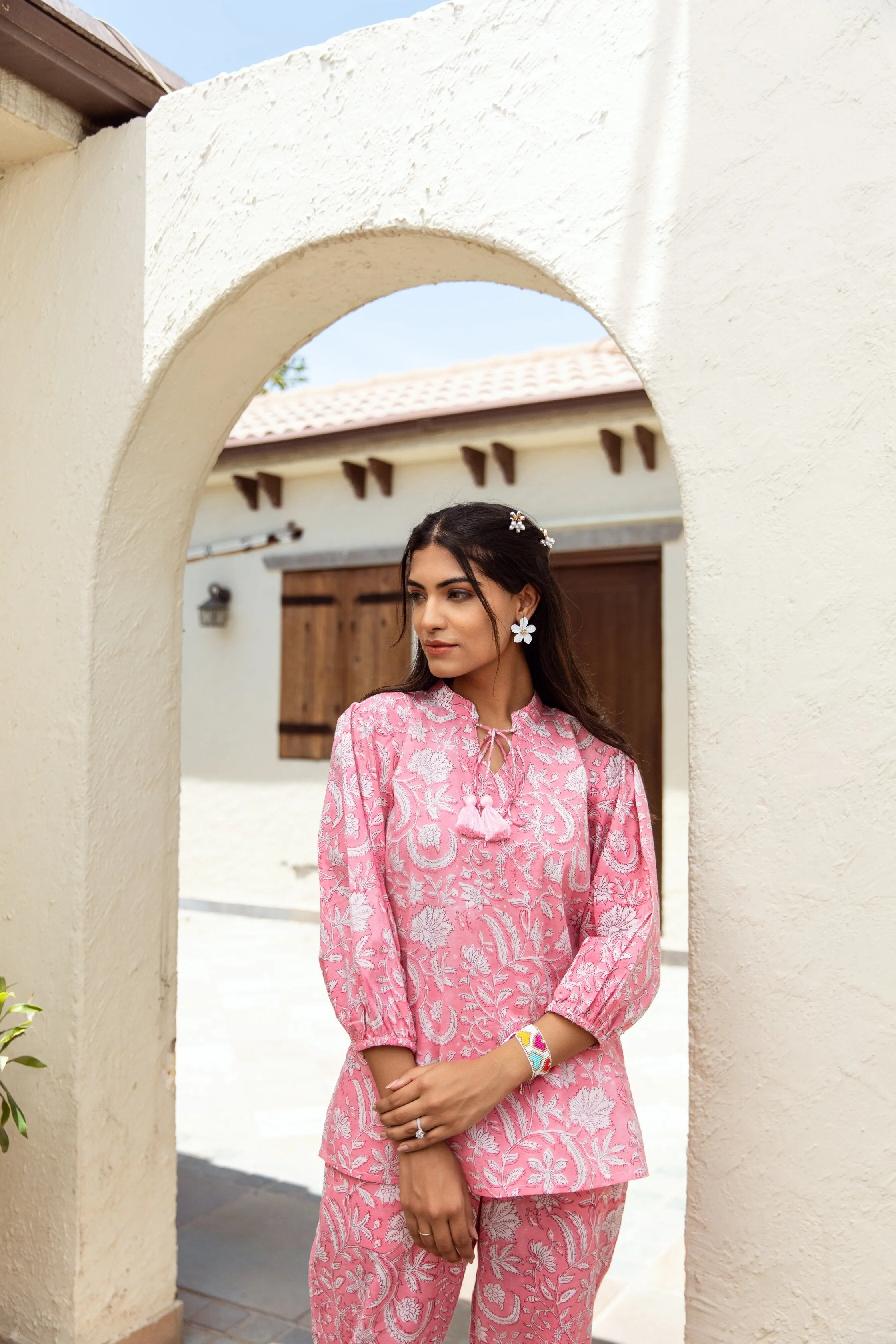 Pink Color Handblock Jaal co-ord Set