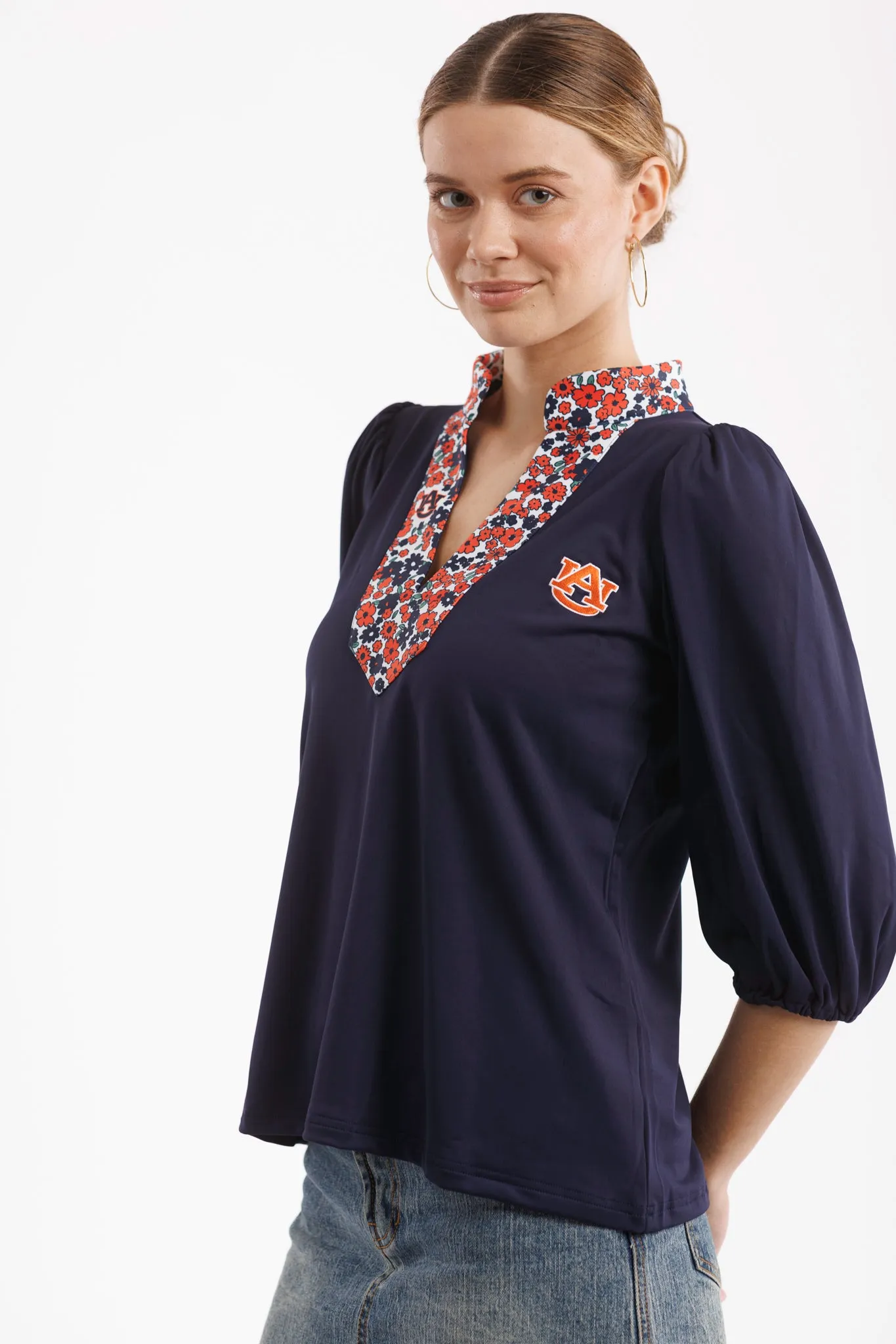 Tailgate Collection Eliza Top - Navy with Auburn Poppies