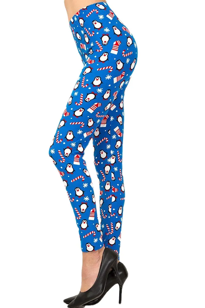 Women's 3X 5X Christmas Cane Penguin Pattern Print Leggings