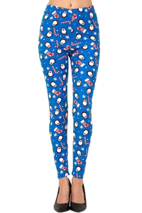 Women's 3X 5X Christmas Cane Penguin Pattern Print Leggings