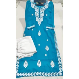 Women's Blue Georgette Lucknowi Chikankari Kurta Palazzo Set